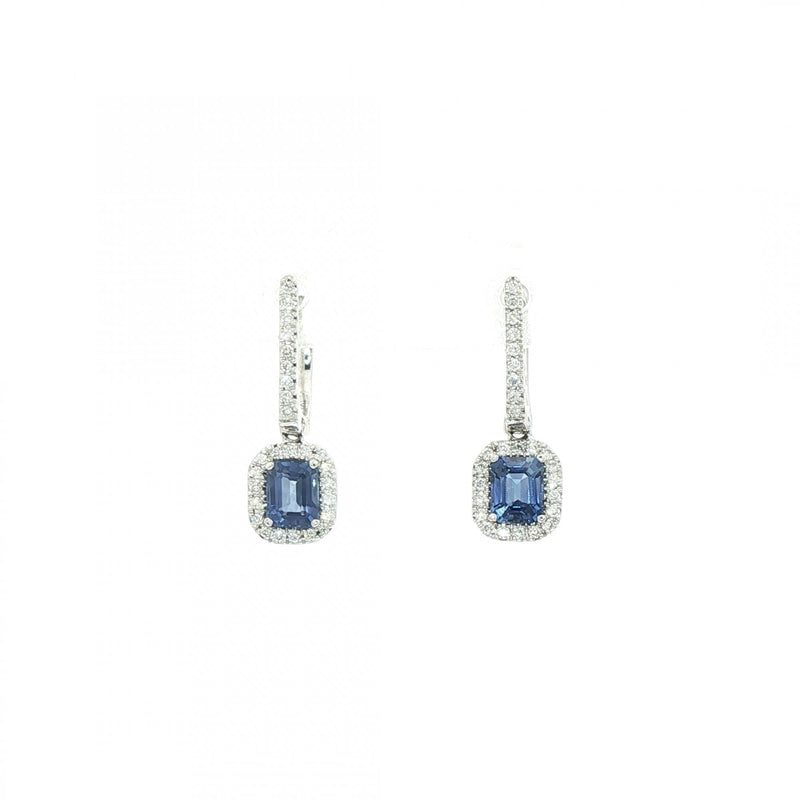 1.30ct Sapphire & Natural Diamond Cushion Drop Earring in 18ct White Gold
