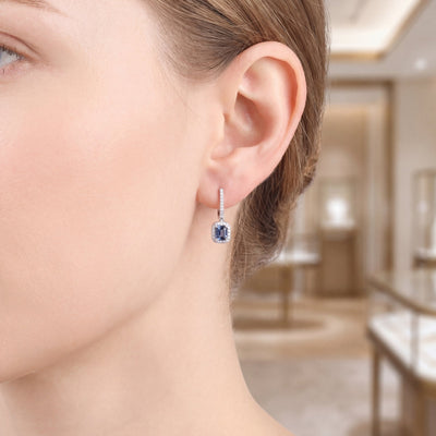 1.30ct Sapphire & Natural Diamond Cushion Drop Earring in 18ct White Gold