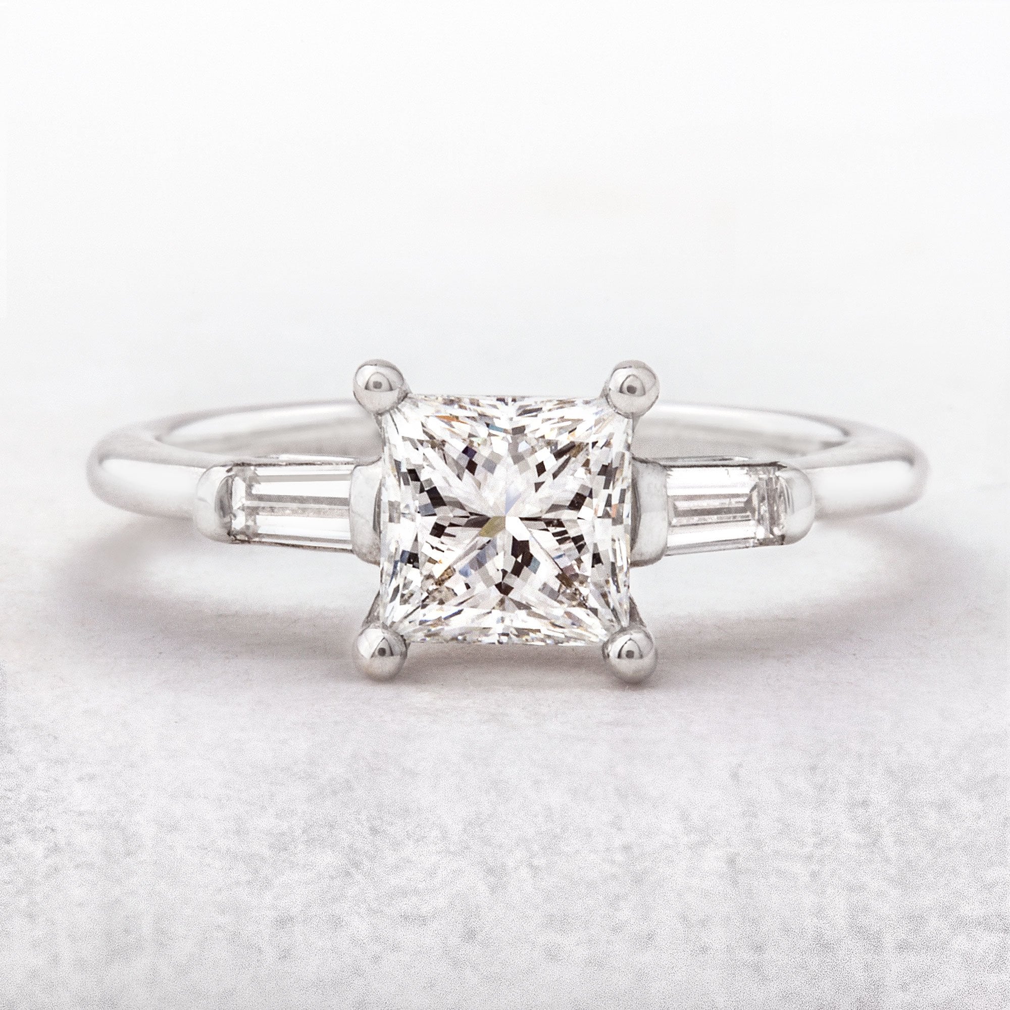 1.31ct E SI1 GIA Certified Natural Princess Cut Engagement Ring with Baguette Shoulders