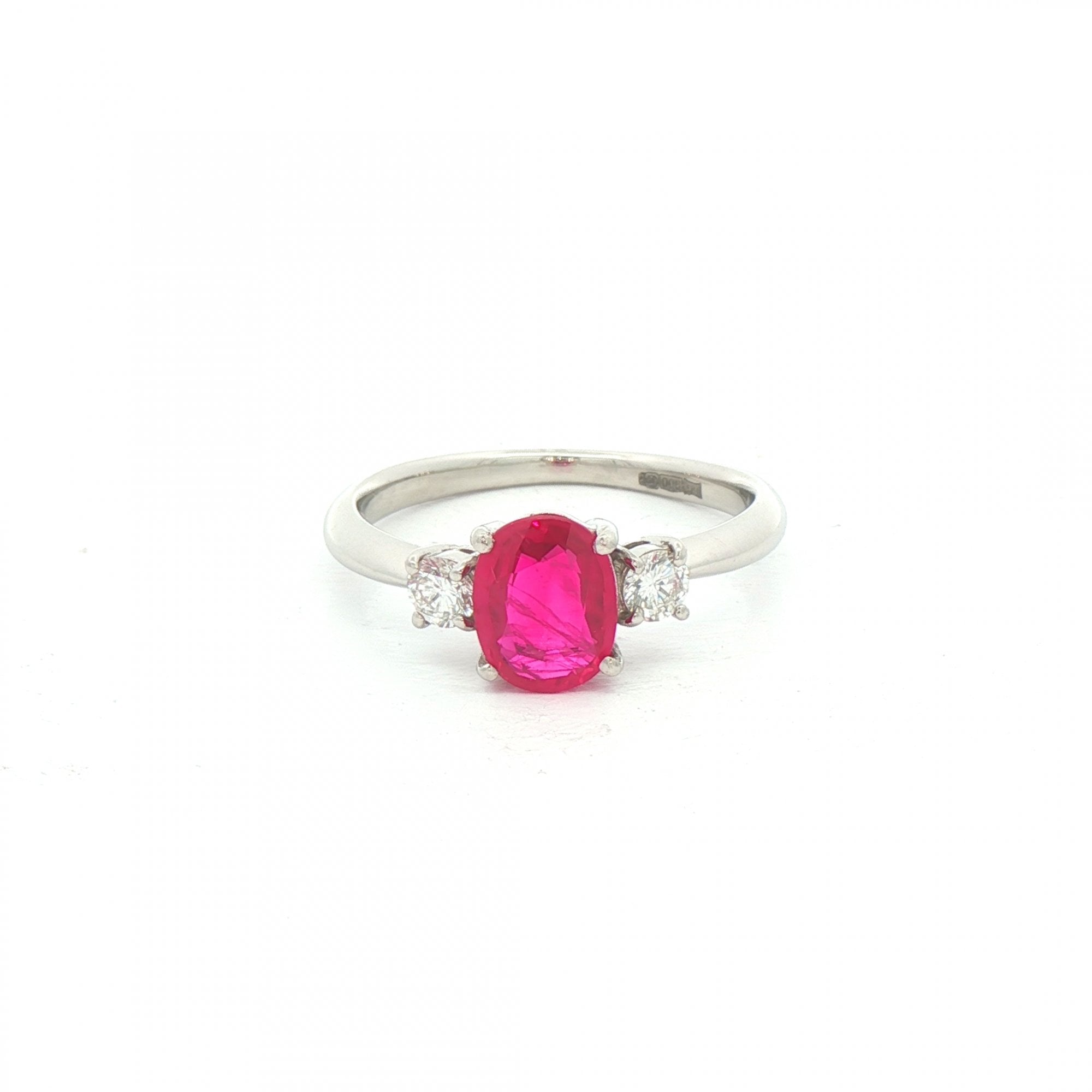 1.32ct Oval Ruby & 0.24ct Natural Diamond Three Stone in Platinum