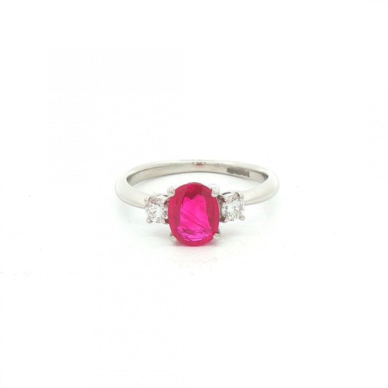 1.32ct Oval Ruby & 0.24ct Natural Diamond Three Stone in Platinum