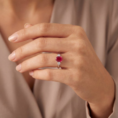 1.32ct Oval Ruby & 0.24ct Natural Diamond Three Stone in Platinum
