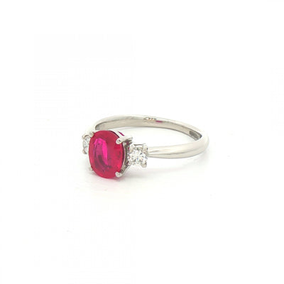 1.32ct Oval Ruby & 0.24ct Natural Diamond Three Stone in Platinum