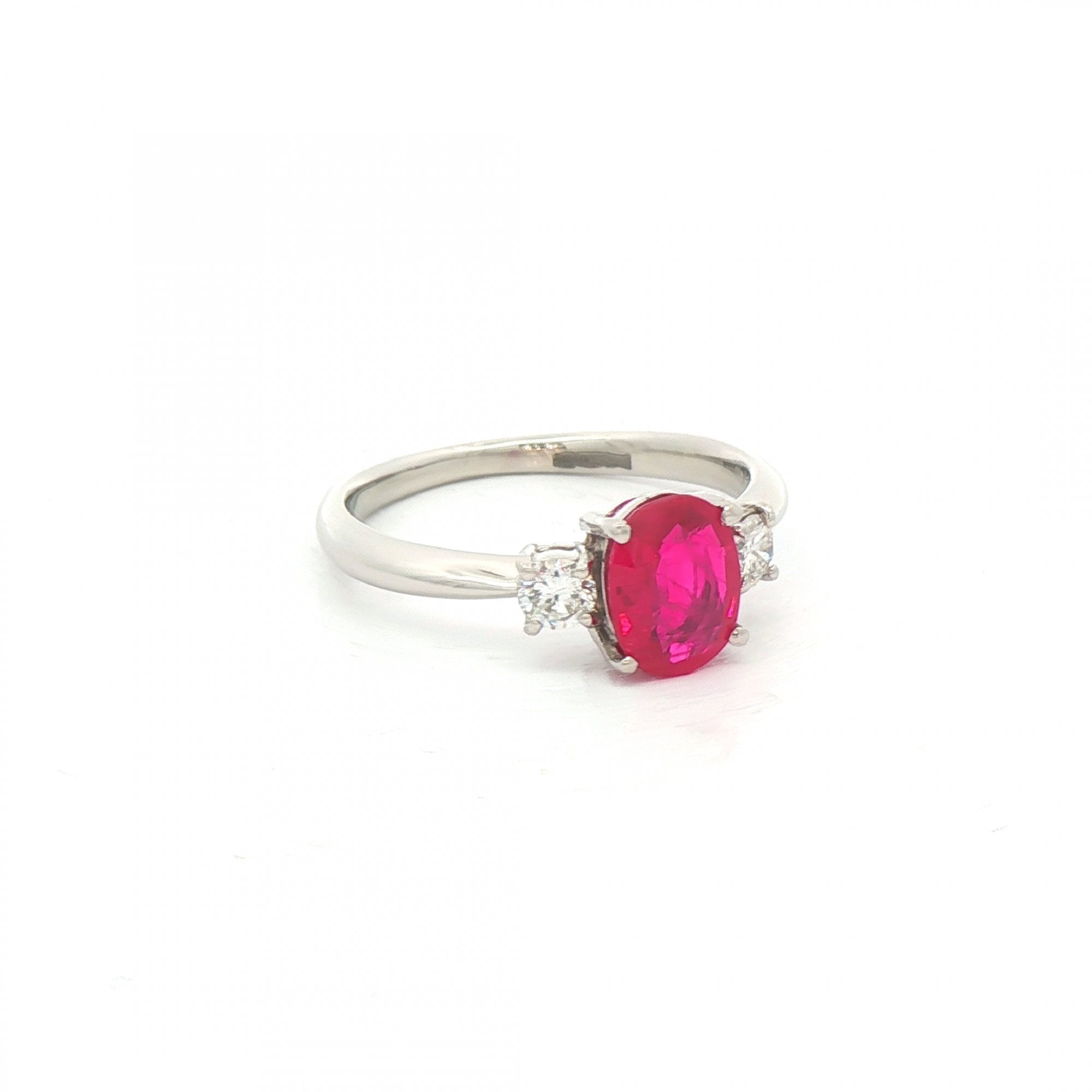 1.32ct Oval Ruby & 0.24ct Natural Diamond Three Stone in Platinum