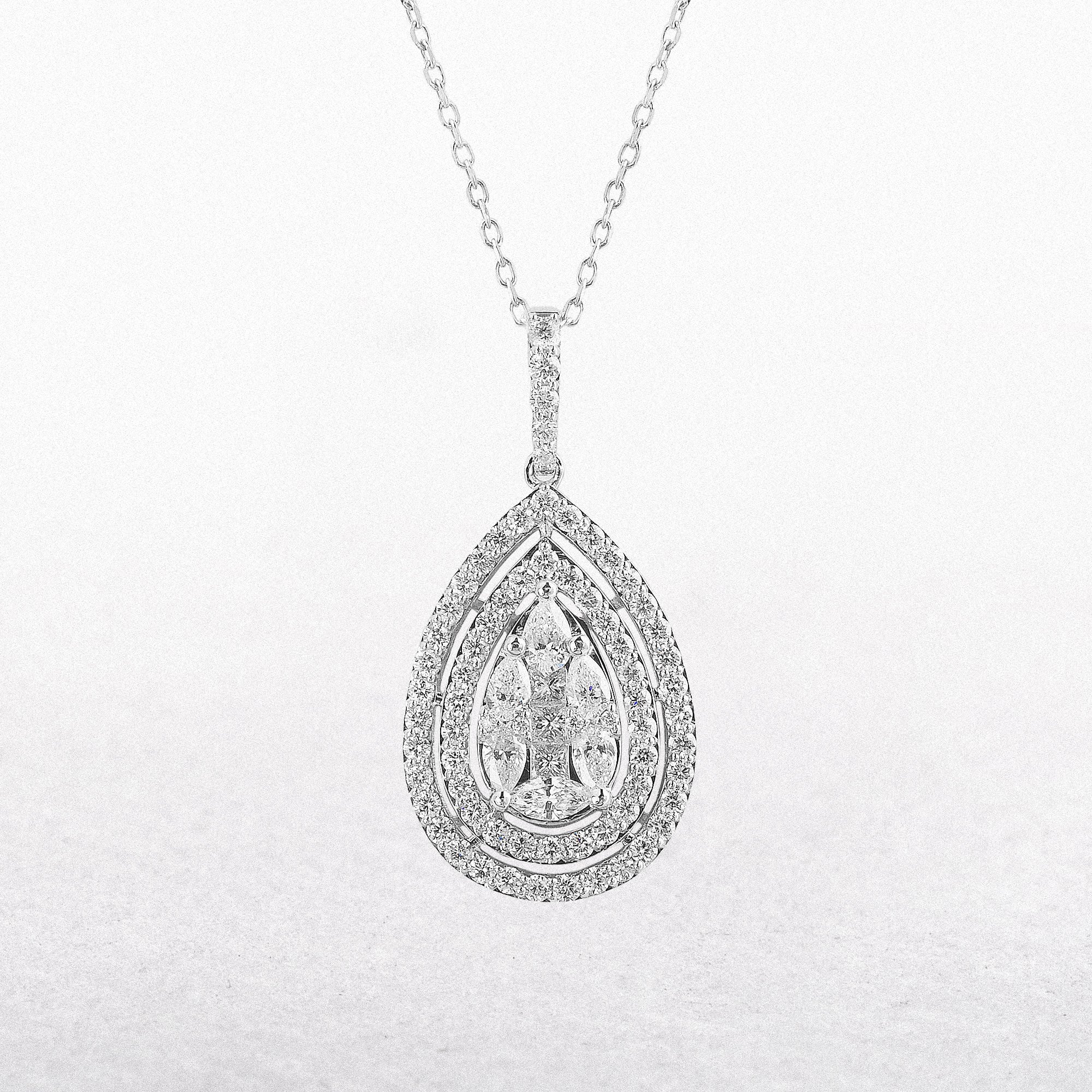 1.34ct Natural Diamond Multi Stone Pear Double Halo Pendant in 18ct White Gold