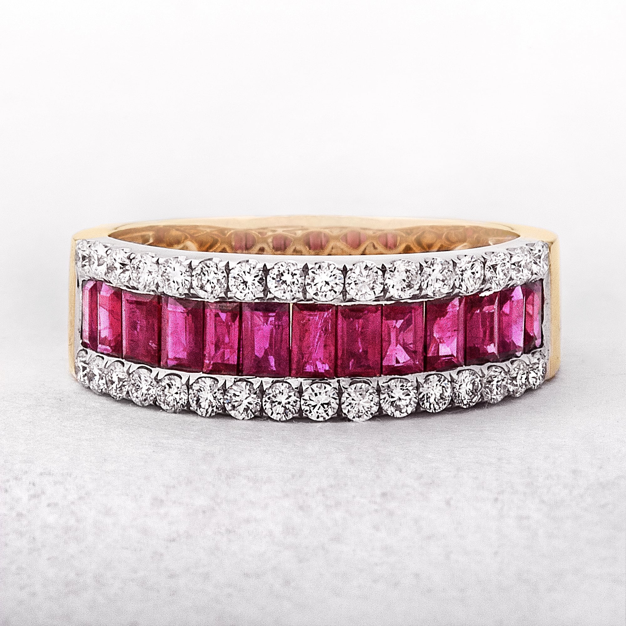 1.35ct Baguette Ruby & Natural Diamond 0.51ct Three Row Dress Ring In 18ct Yellow Gold