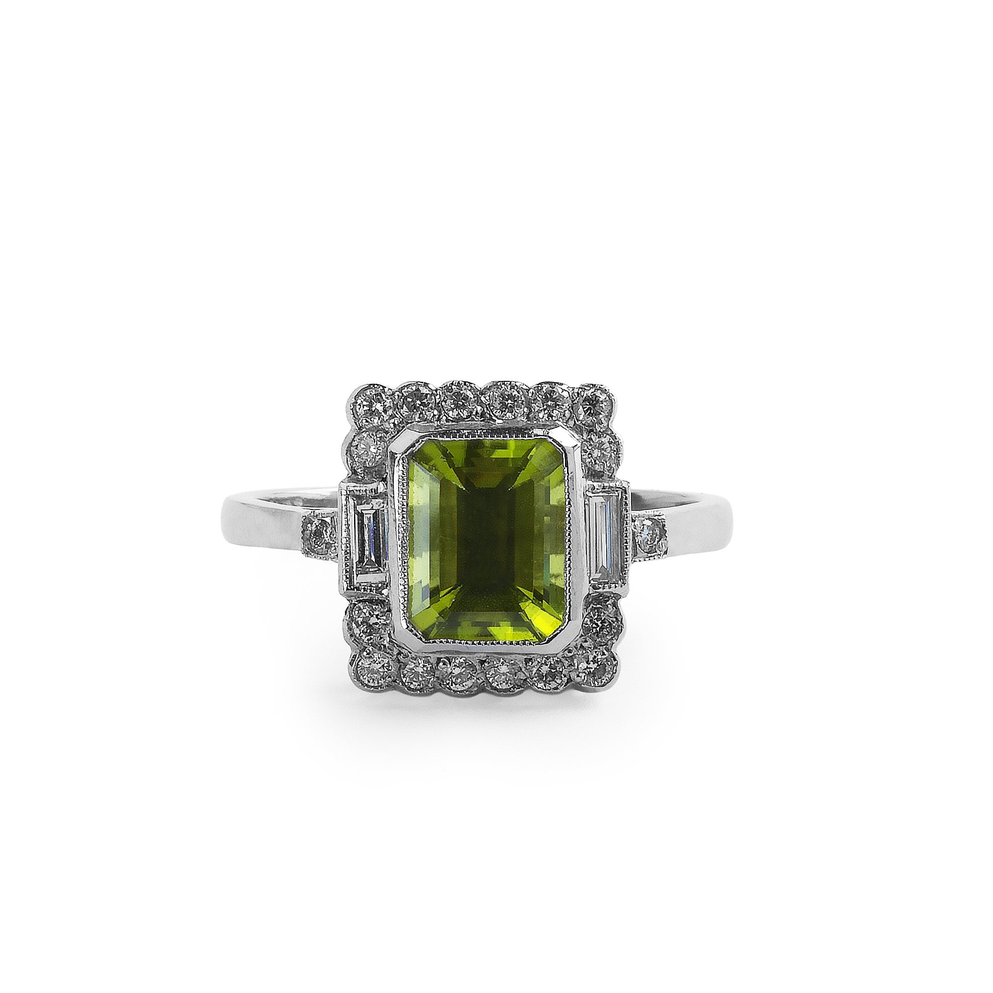 1.35ct Emerald Cut Peridot & 0.35ct Natural Diamond Antique Cluster Ring In Platinum