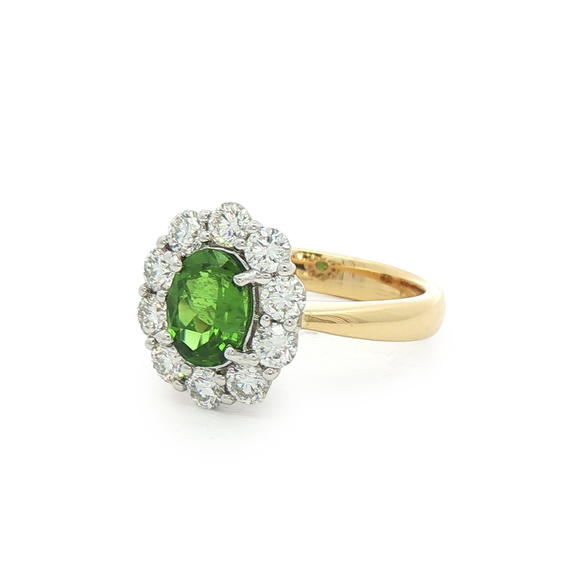 1.36ct Oval Green Tsavorite Garnet & 1.27ct Natural Diamond Cluster  in 18ct Yellow Gold