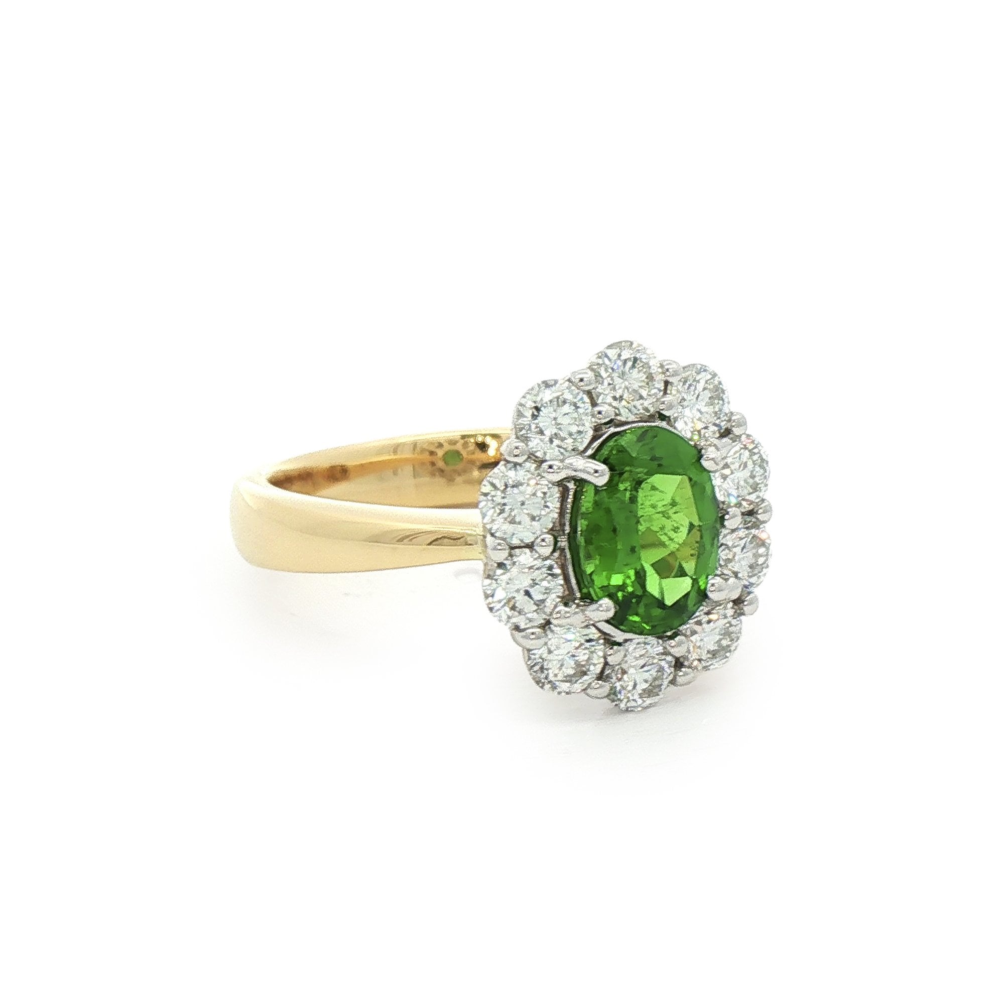 1.36ct Oval Green Tsavorite Garnet & 1.27ct Natural Diamond Cluster  in 18ct Yellow Gold