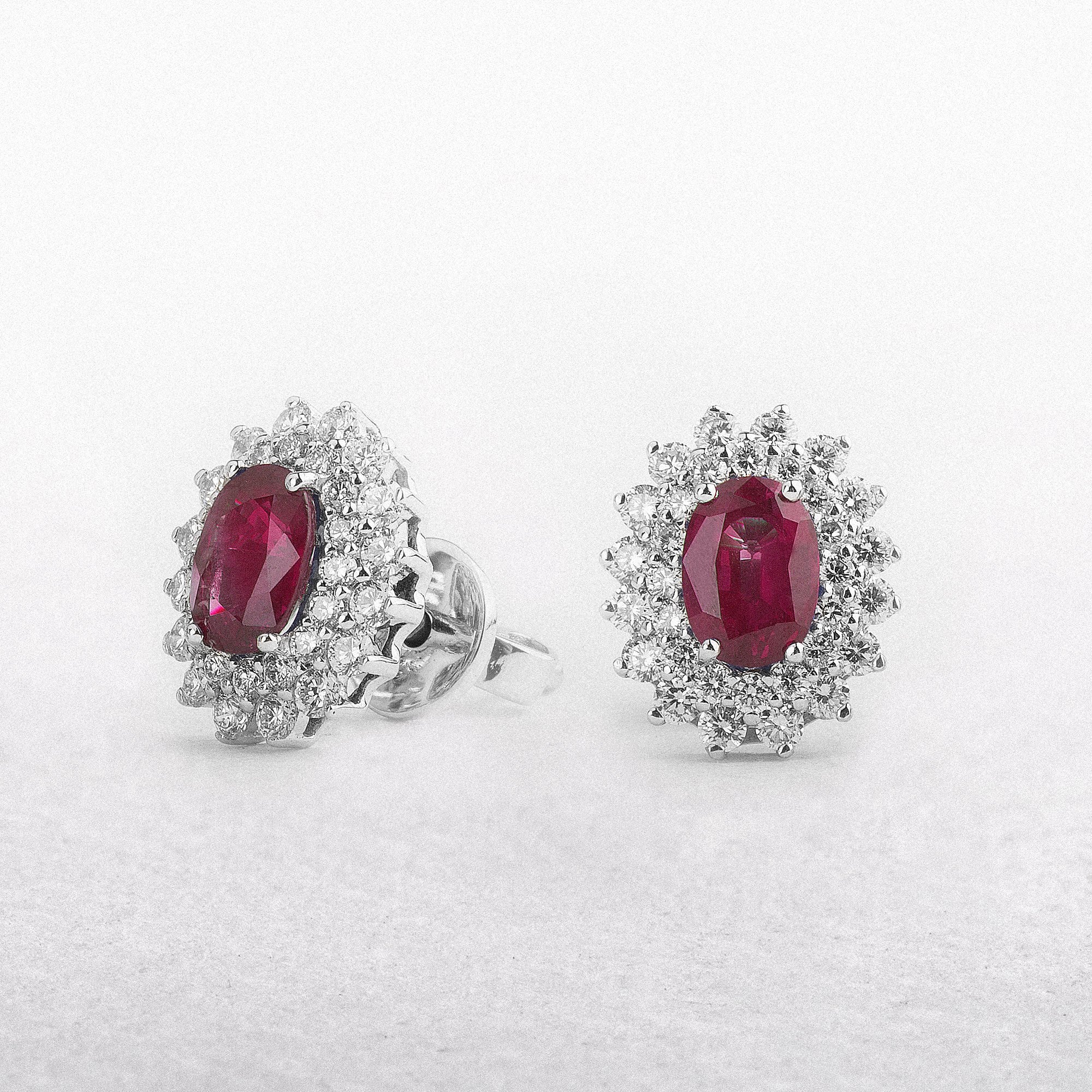 1.3ct Oval Ruby & 0.70ct Natural Diamond Double Halo Earrings in 18ct White Gold