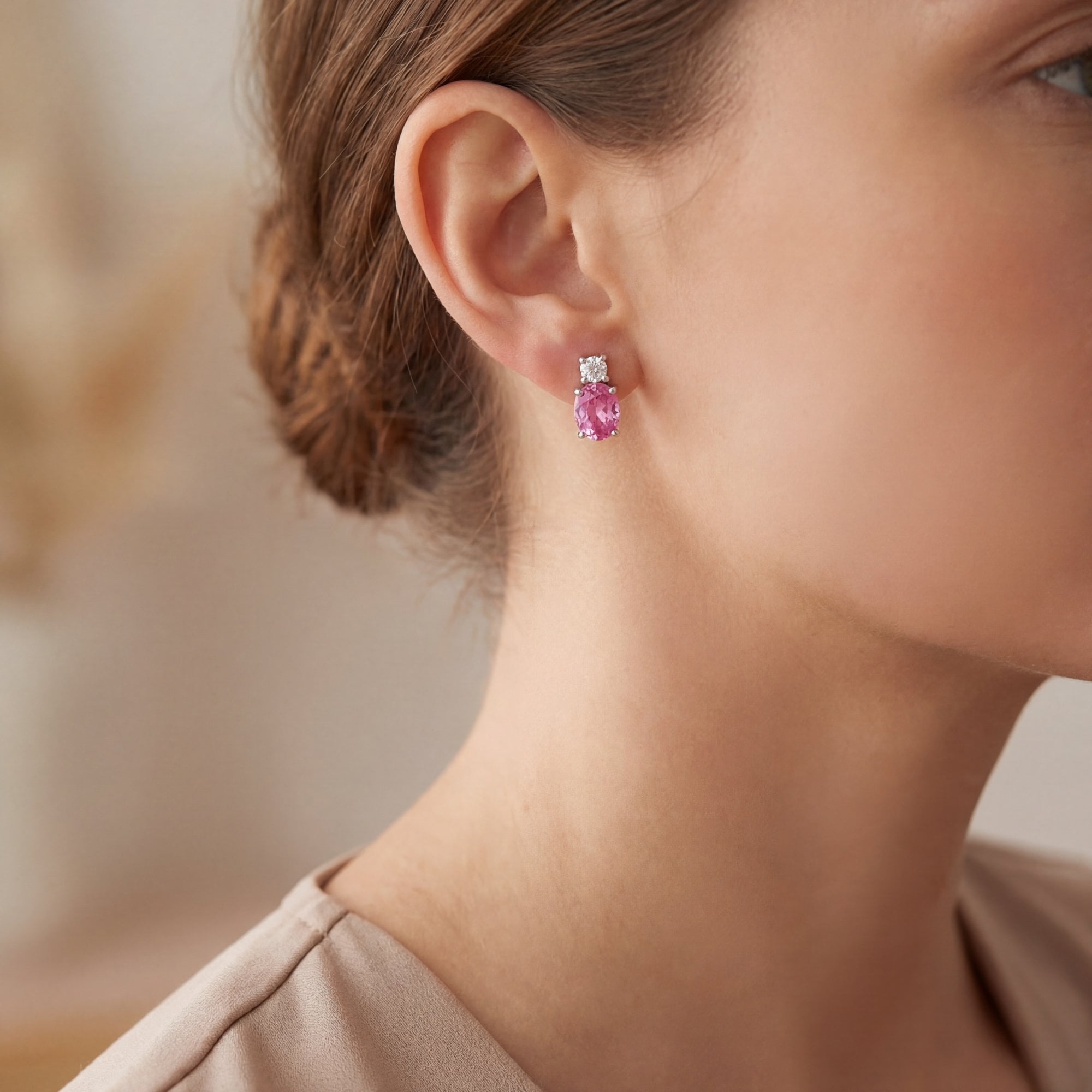 1.47ct Oval Pink Sapphire & 0.22ct Natural Diamond Earrings in 18ct White Gold