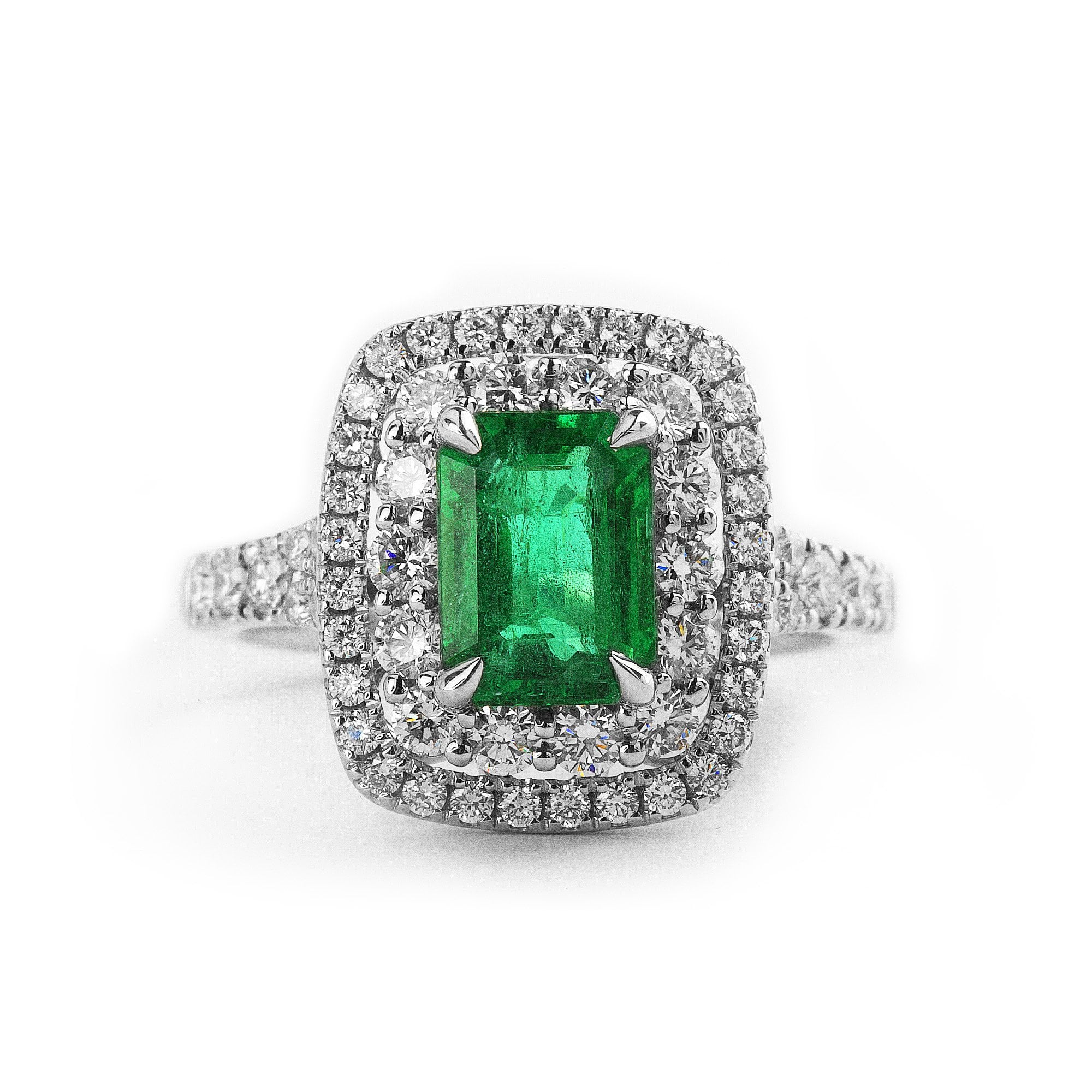 1.51ct Emeral Cut Emerald & Natural Diamond Double Halo Style Ring in White Gold