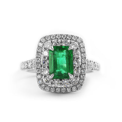1.51ct Emeral Cut Emerald & Natural Diamond Double Halo Style Ring in White Gold