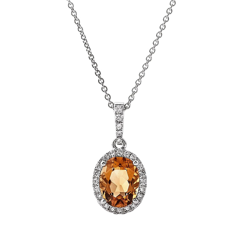 1.55ct Oval Citrine & 0.20ct Natural Diamond Halo Pendant in 18ct White Gold