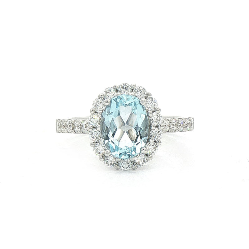 1.56ct Oval Blue Topaz & 0.57ct Natural Diamond Halo with Shoulders in 18ct White Gold