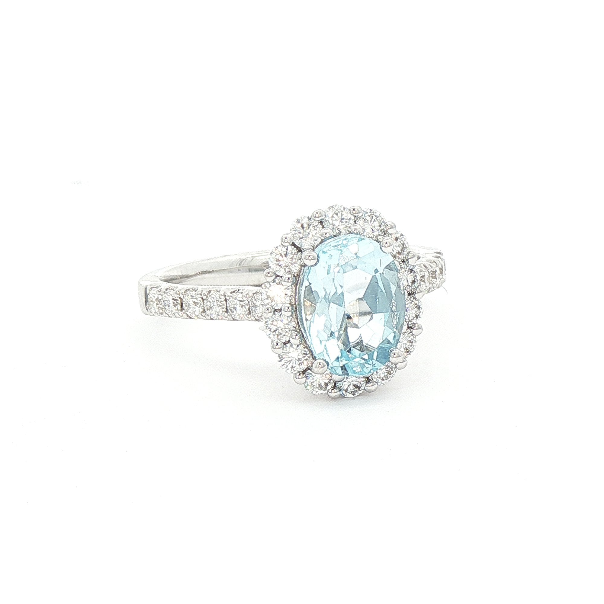 1.56ct Oval Blue Topaz & 0.57ct Natural Diamond Halo with Shoulders in 18ct White Gold