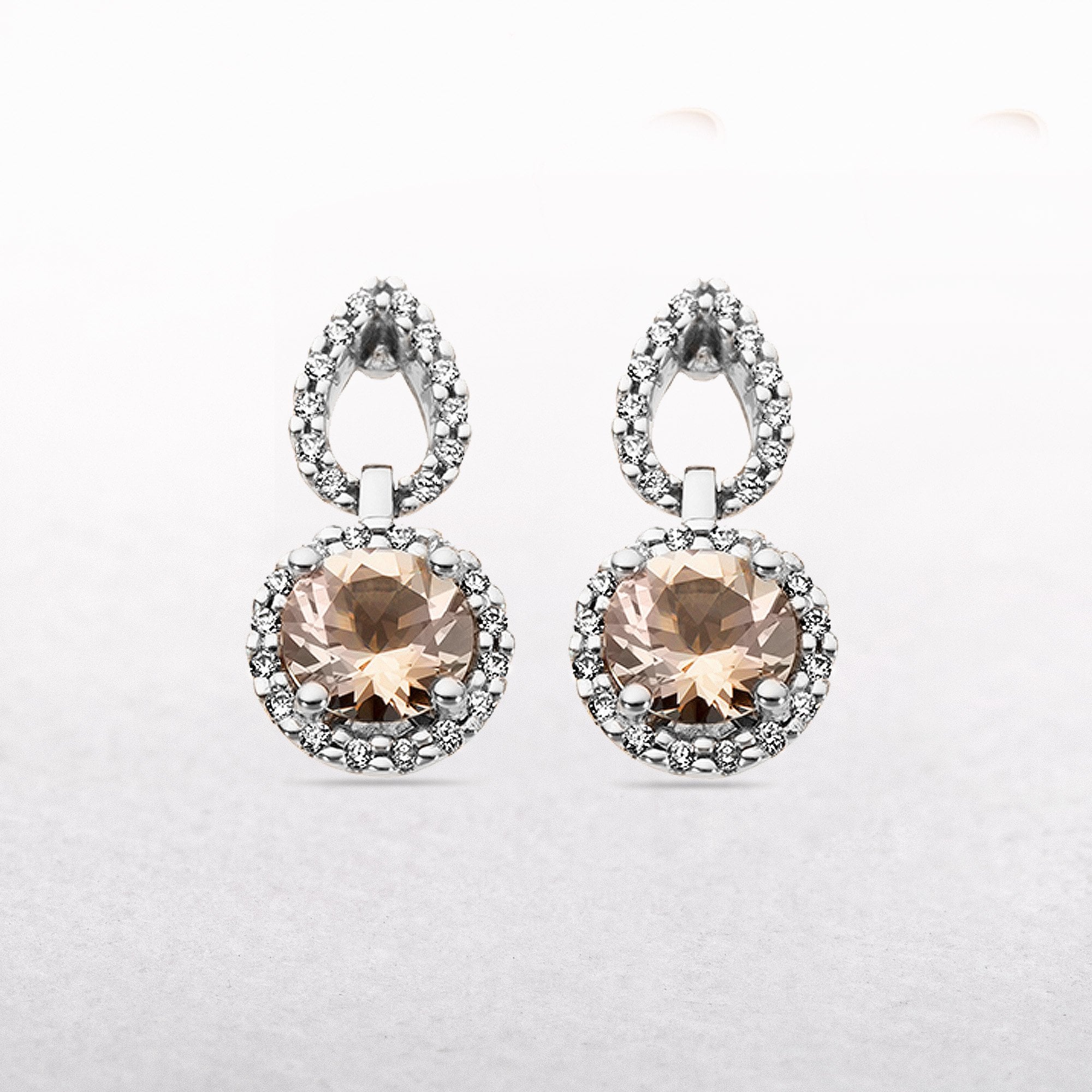 1.60ct Round-Cut Morganite & 0.24ct Natural Diamond Halo Drop Earrings in 9ct White Gold