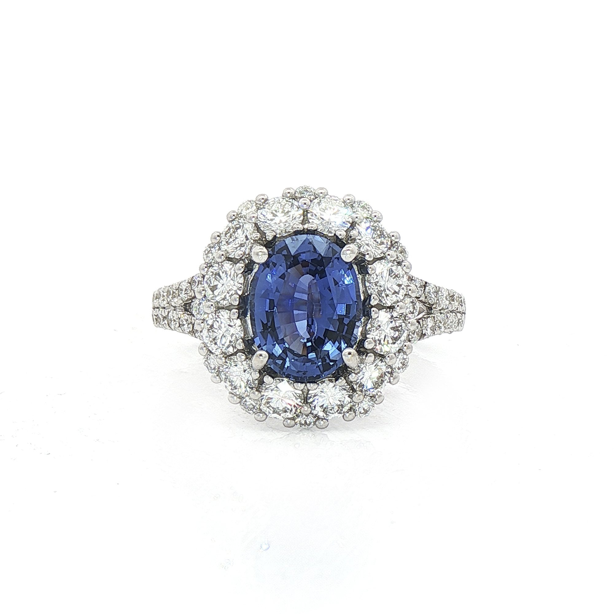 1.67ct Oval Sapphire & 1.20ct Natural Diamond Cluster Split Diamond Shoulders in 18ct White Gold
