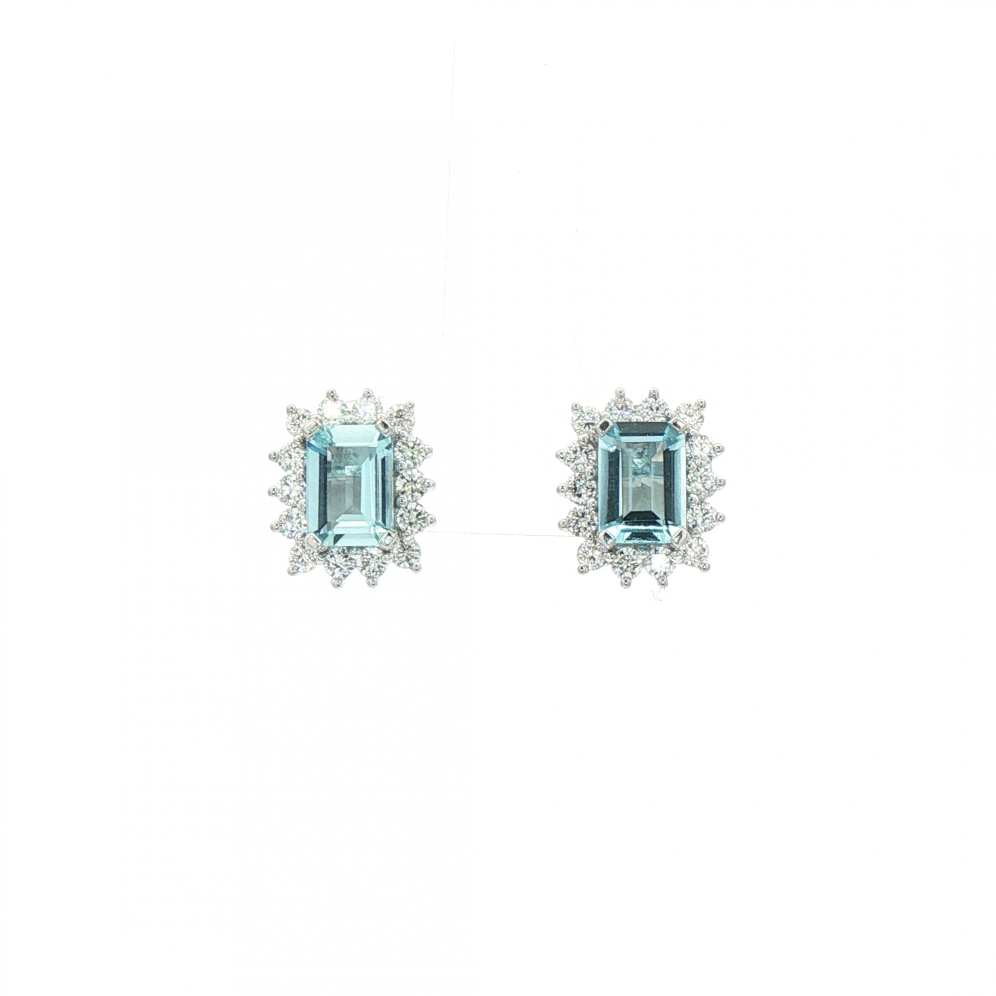 1.69ct Emerald Cut Aquamarine & 0.70ct Natural Diamond Halo Cluster Stud Earrings in 18ct White Gold