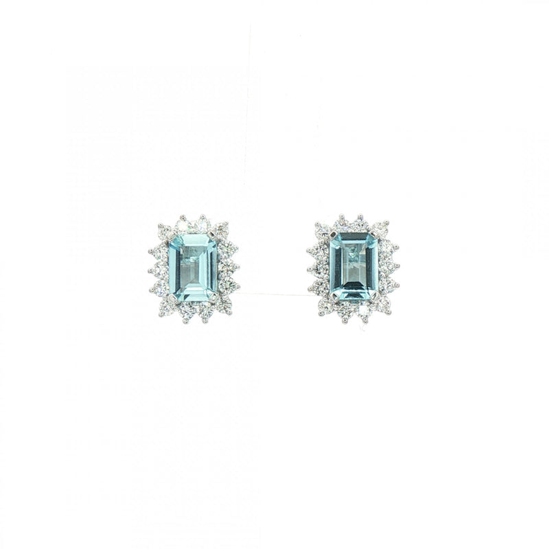 1.69ct Emerald Cut Aquamarine & 0.70ct Natural Diamond Halo Cluster Stud Earrings in 18ct White Gold