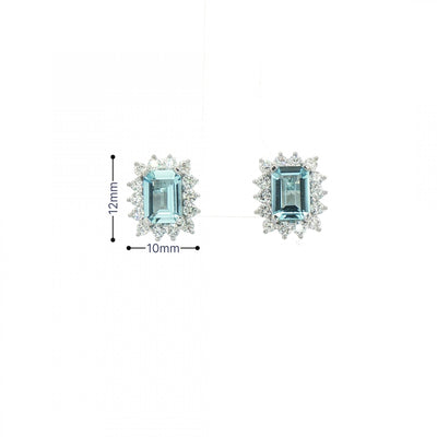 1.69ct Emerald Cut Aquamarine & 0.70ct Natural Diamond Halo Cluster Stud Earrings in 18ct White Gold