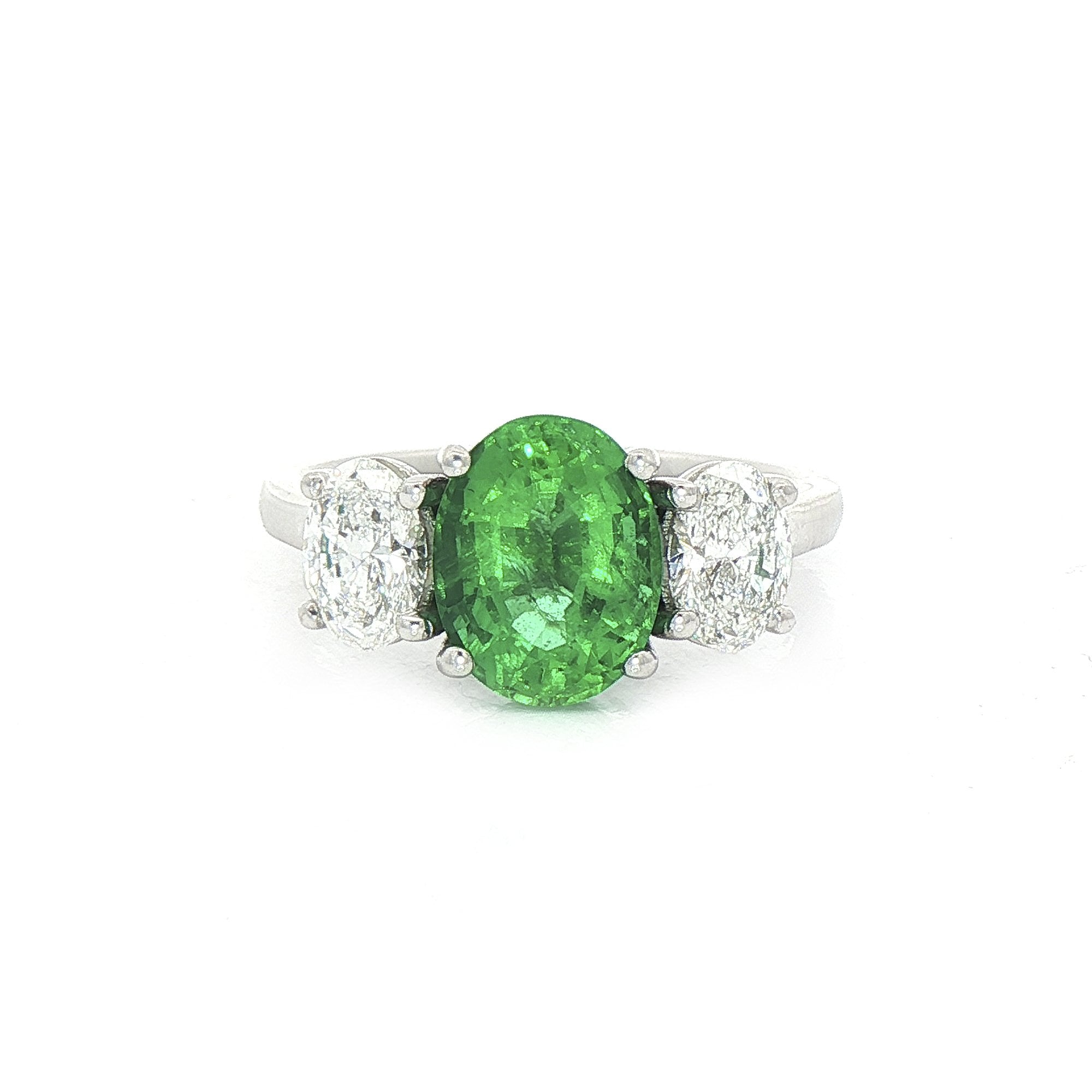 1.71ct Oval Emerald & Natural Diamond 0.82ct Three Stone Ring G.I.A Certified in 18ct White Gold