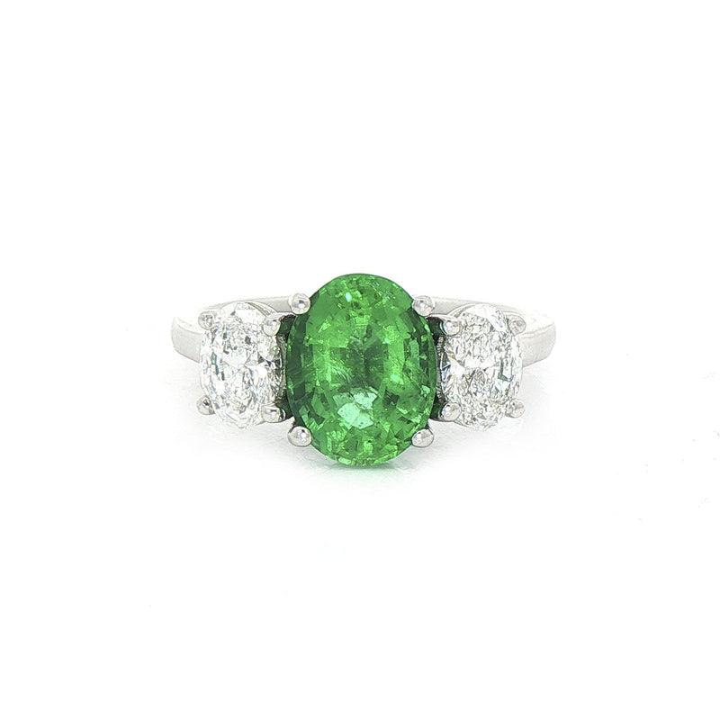 1.71ct Oval Emerald & Natural Diamond 0.82ct Three Stone Ring G.I.A Certified in 18ct White Gold