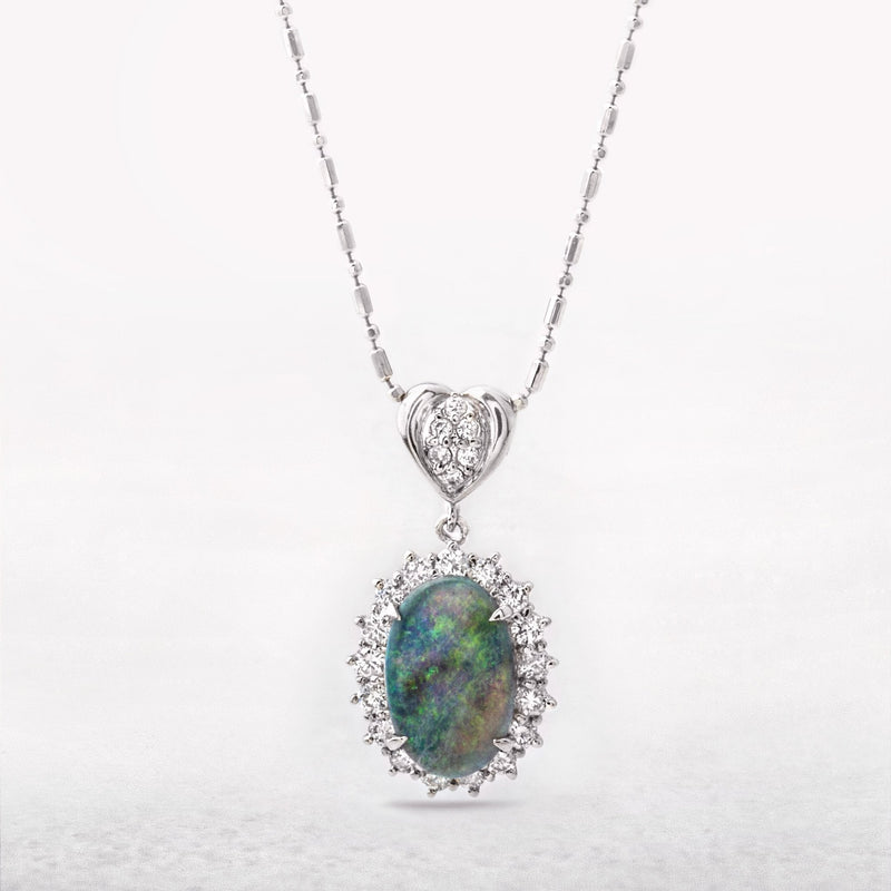 1.80ct Austrailian Black Oval Opal & 0.75ct Natural Diamond Halo Pendant in Platinum