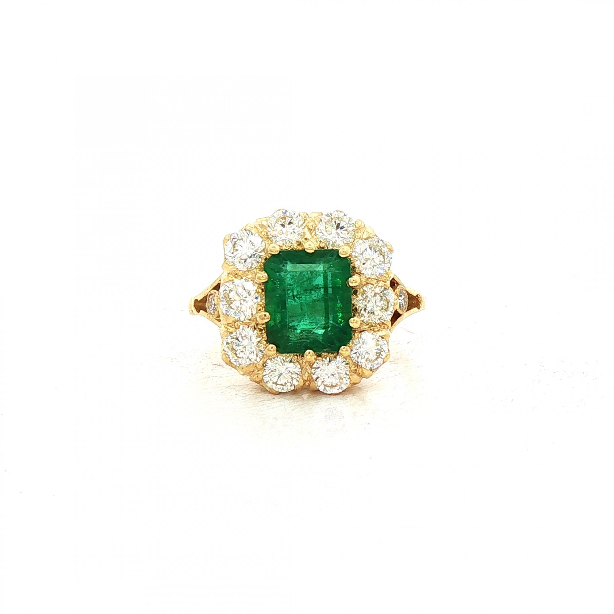 1.85ct Emerald & 1.60ct Natural Diamond Halo Cluster Claw Set in 18ct Yellow Gold