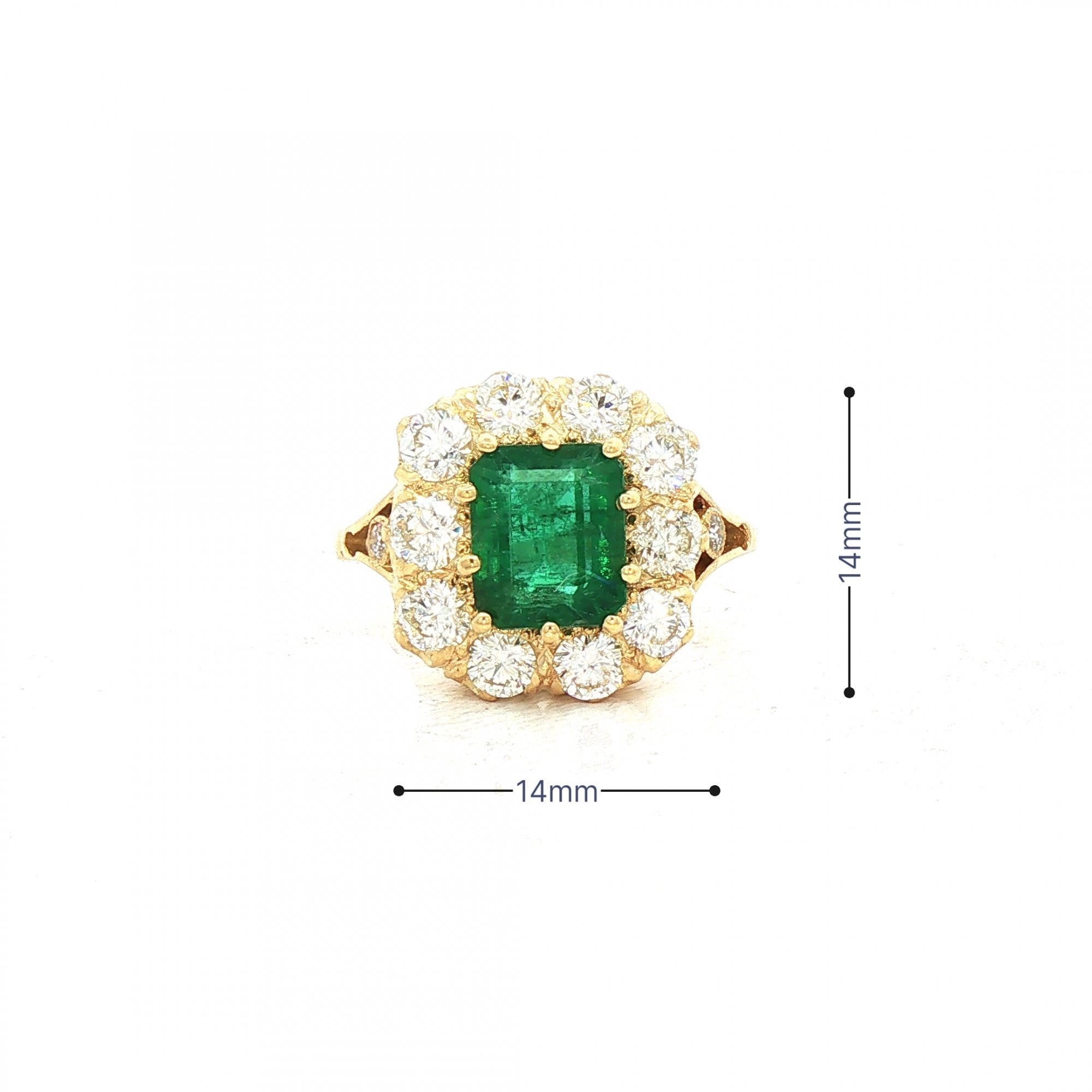 1.85ct Emerald & 1.60ct Natural Diamond Halo Cluster Claw Set in 18ct Yellow Gold