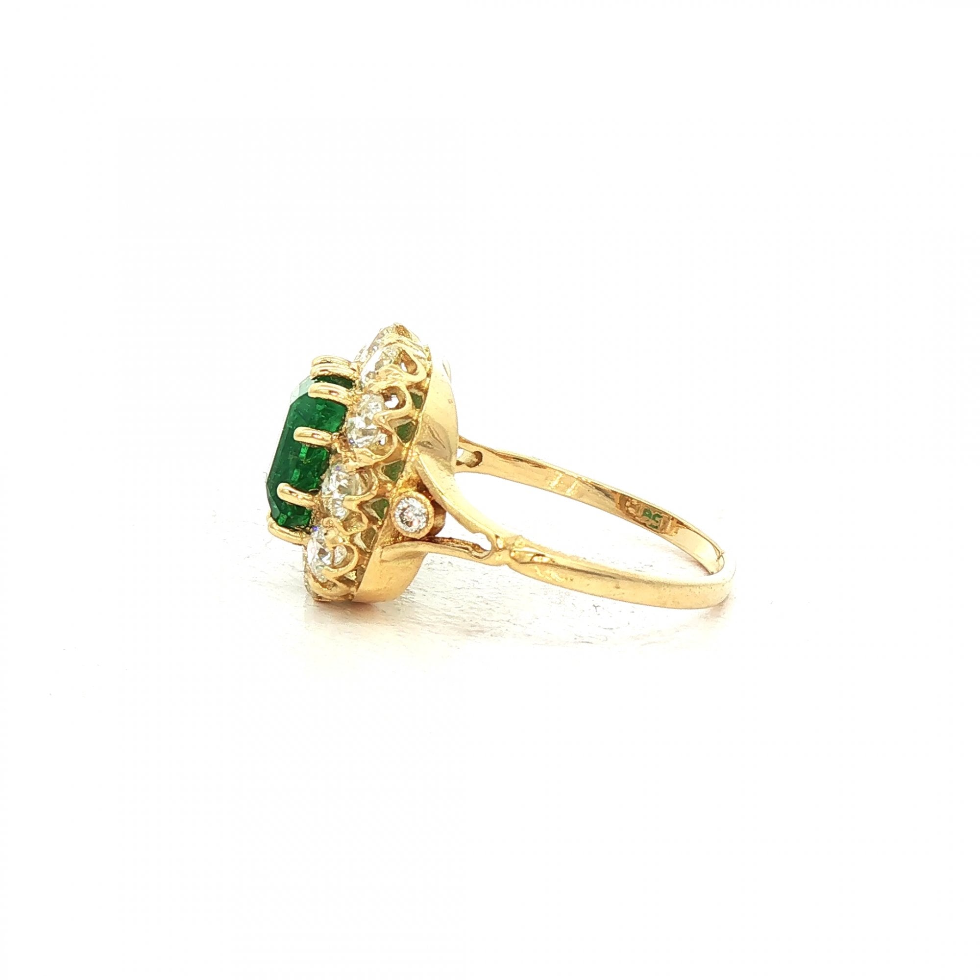 1.85ct Emerald & 1.60ct Natural Diamond Halo Cluster Claw Set in 18ct Yellow Gold