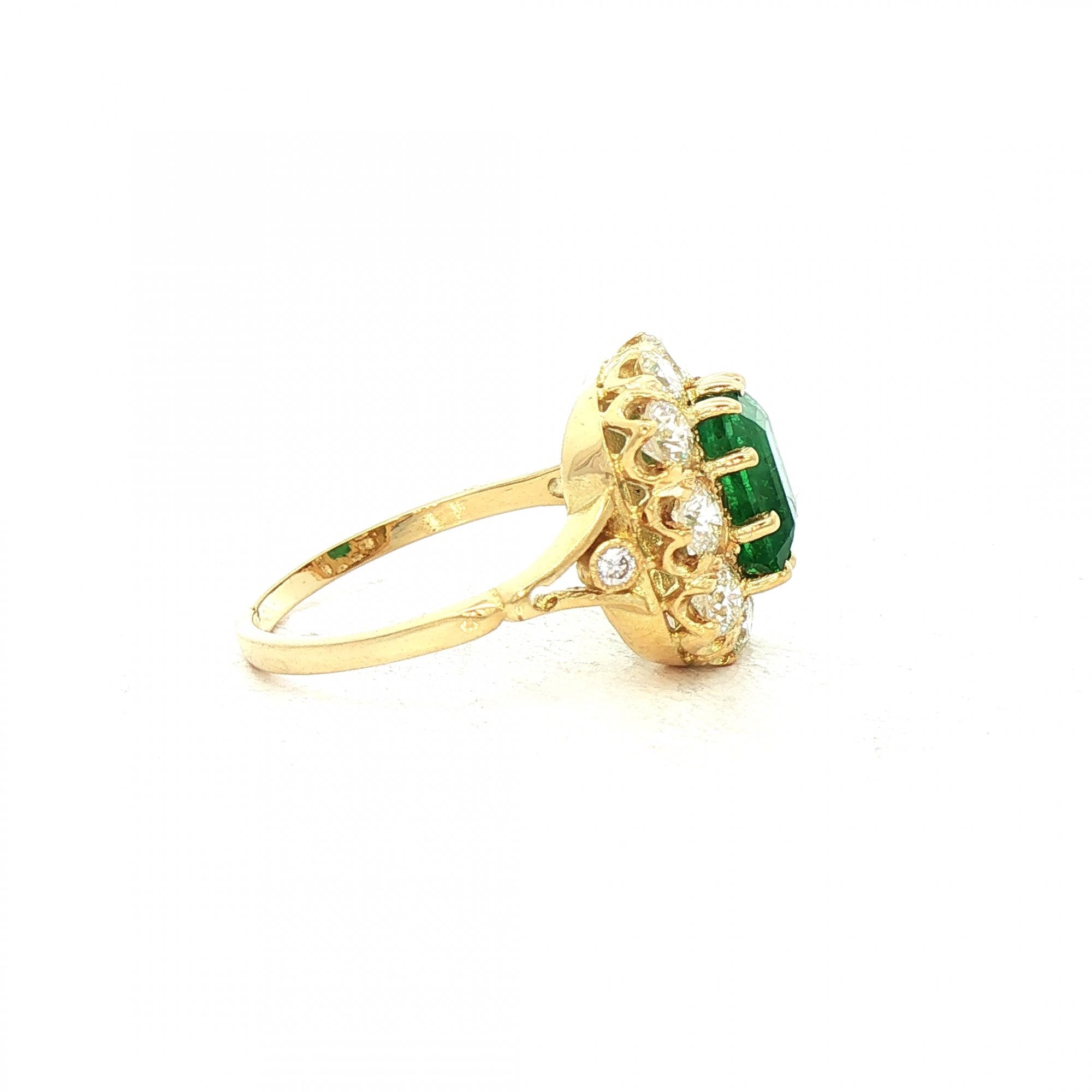 1.85ct Emerald & 1.60ct Natural Diamond Halo Cluster Claw Set in 18ct Yellow Gold