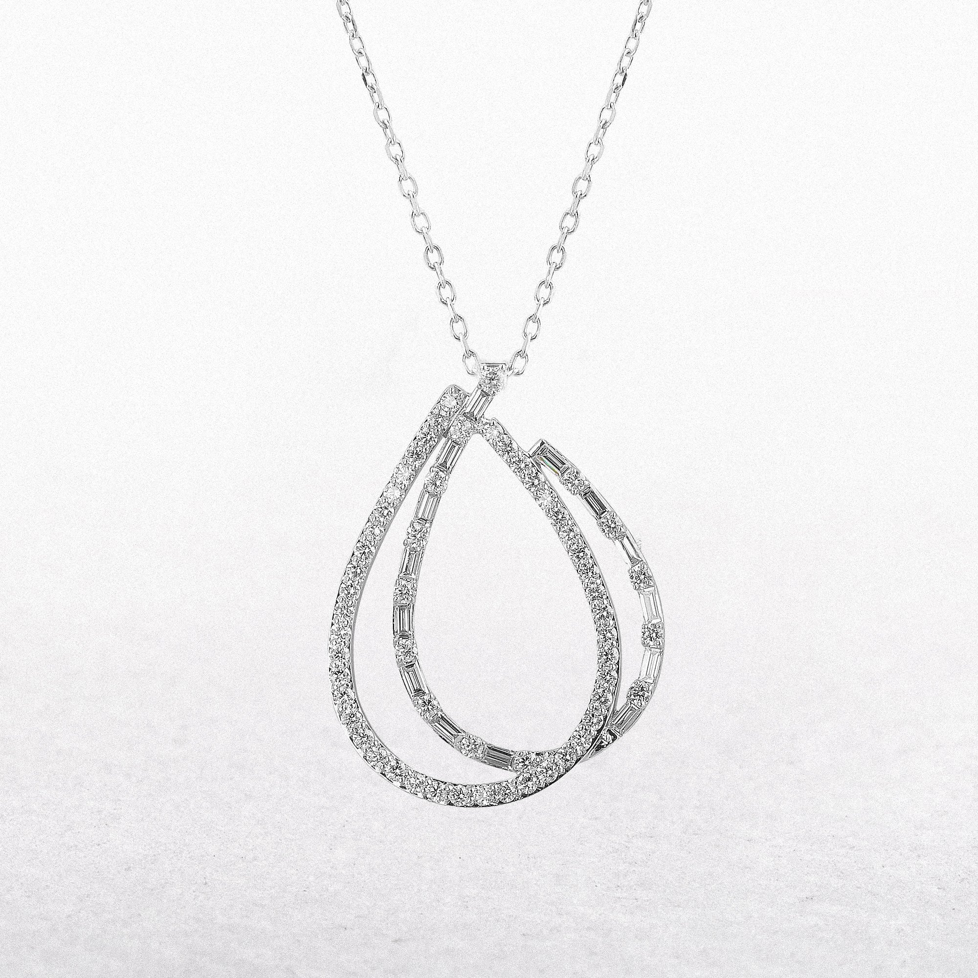 1.85ct Natural Diamond Brilliant and Baguette Double Pear Shape Pendant in 18ct White Gold