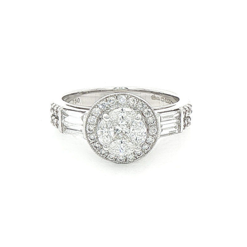 0.86ct F vs Natural Diamond Cluster Halo Ring Wth Baguette & Round Shoulders in 18ct White Gold