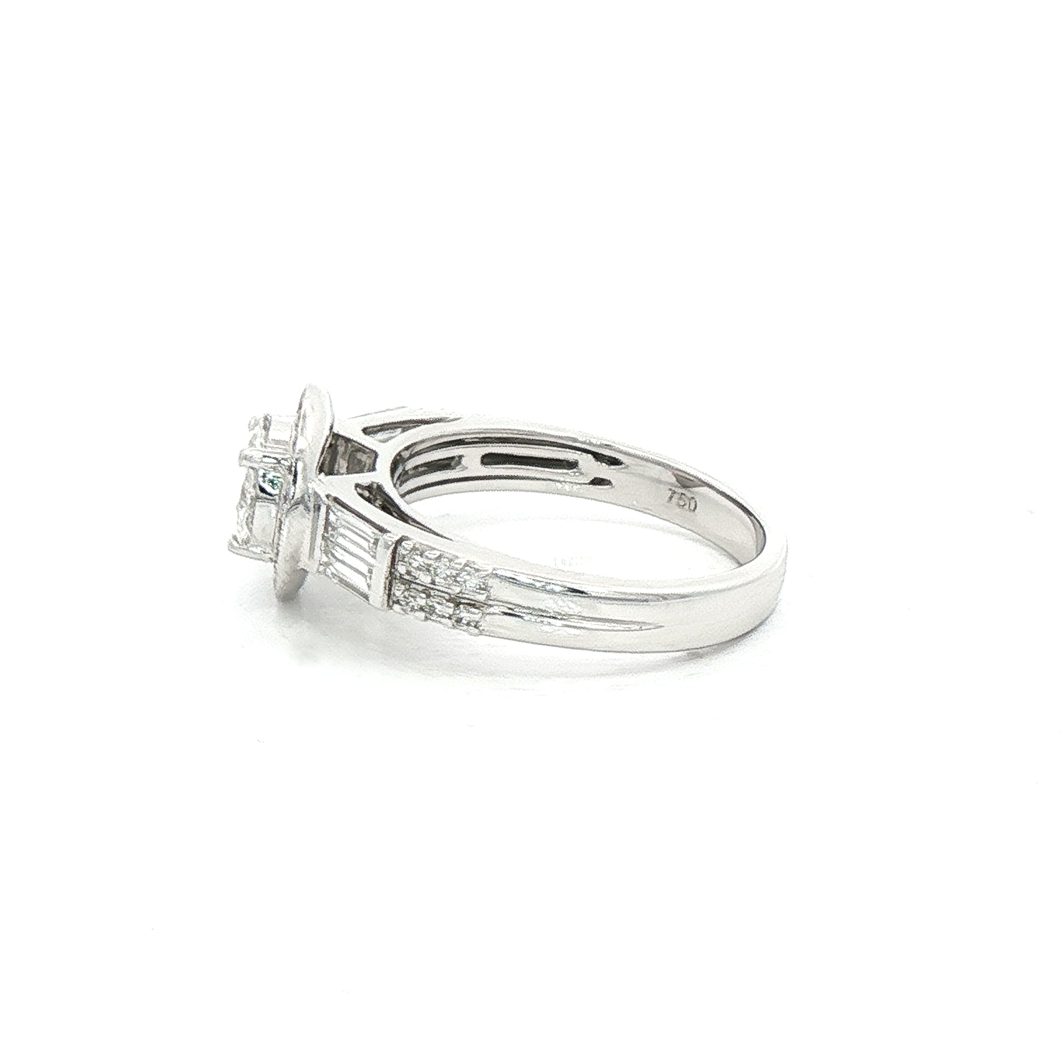 0.86ct F vs Natural Diamond Cluster Halo Ring Wth Baguette & Round Shoulders in 18ct White Gold