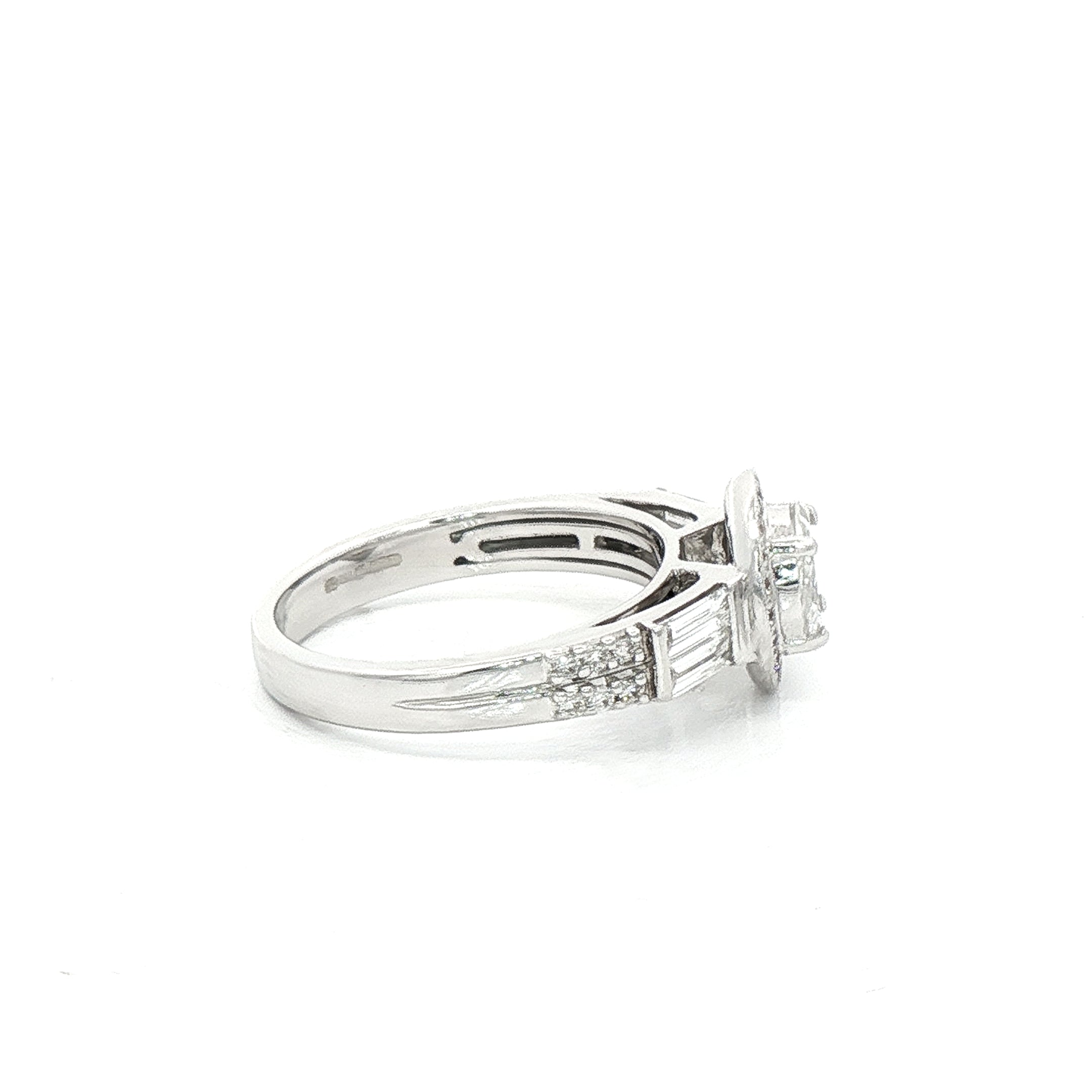 0.86ct F vs Natural Diamond Cluster Halo Ring Wth Baguette & Round Shoulders in 18ct White Gold