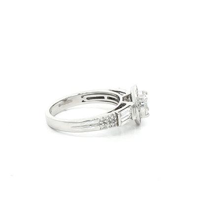 0.86ct F vs Natural Diamond Cluster Halo Ring Wth Baguette & Round Shoulders in 18ct White Gold