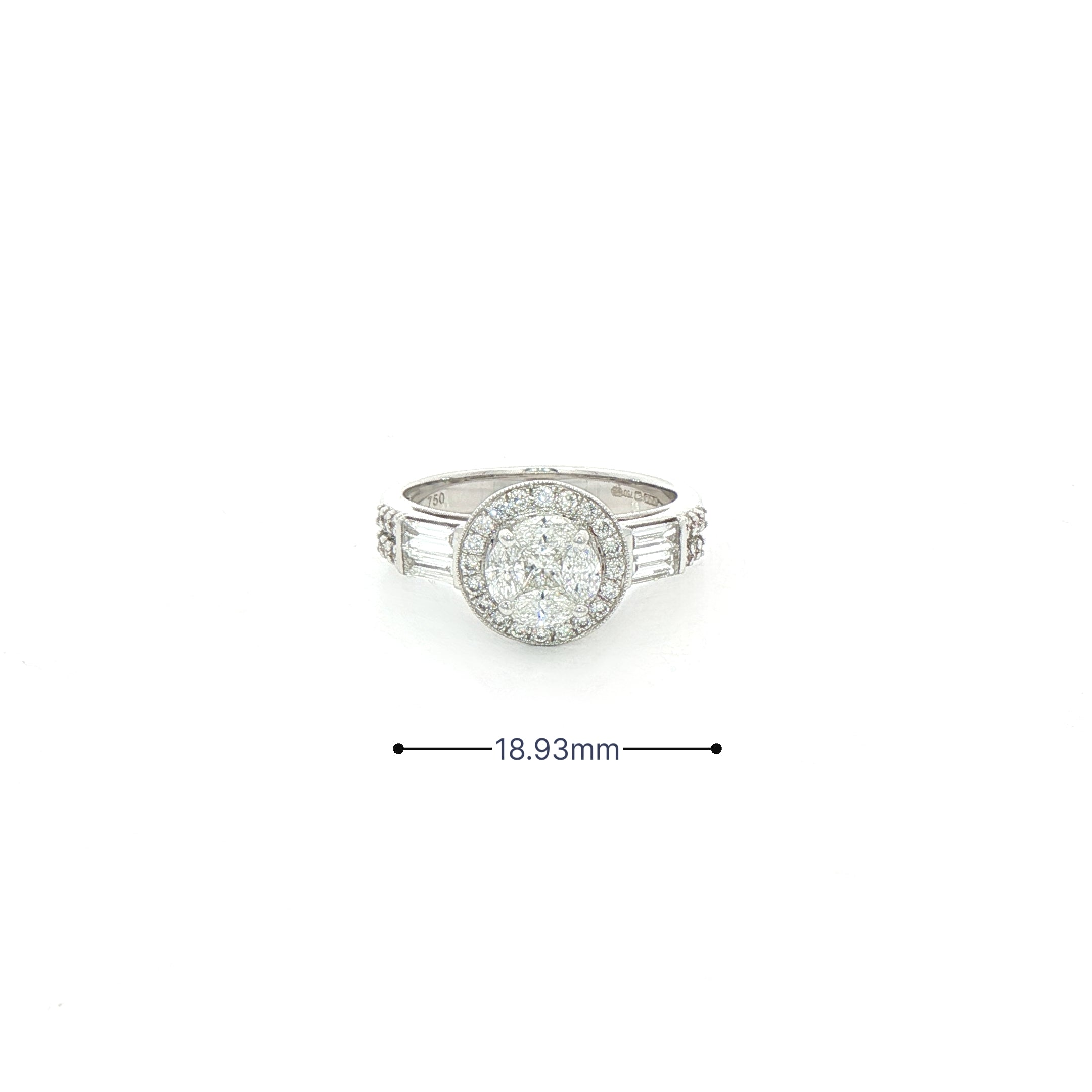 0.86ct F vs Natural Diamond Cluster Halo Ring Wth Baguette & Round Shoulders in 18ct White Gold