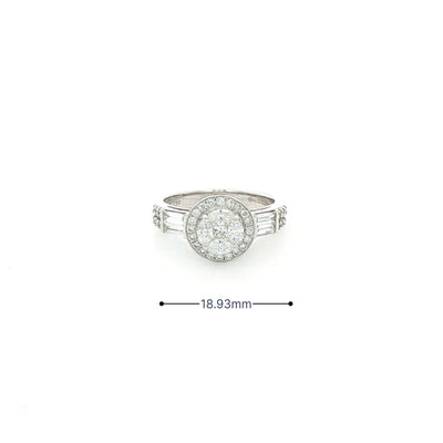 0.86ct F vs Natural Diamond Cluster Halo Ring Wth Baguette & Round Shoulders in 18ct White Gold