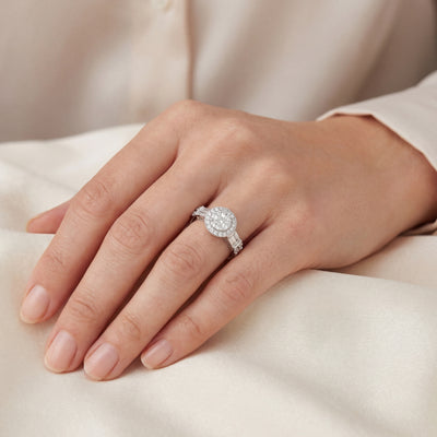 0.86ct F vs Natural Diamond Cluster Halo Ring Wth Baguette & Round Shoulders in 18ct White Gold