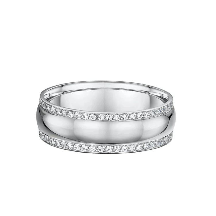 Ladies Satin Center Grain Set Brilliant Cut Natural Diamond Edges Wedding Band In 18ct White Gold