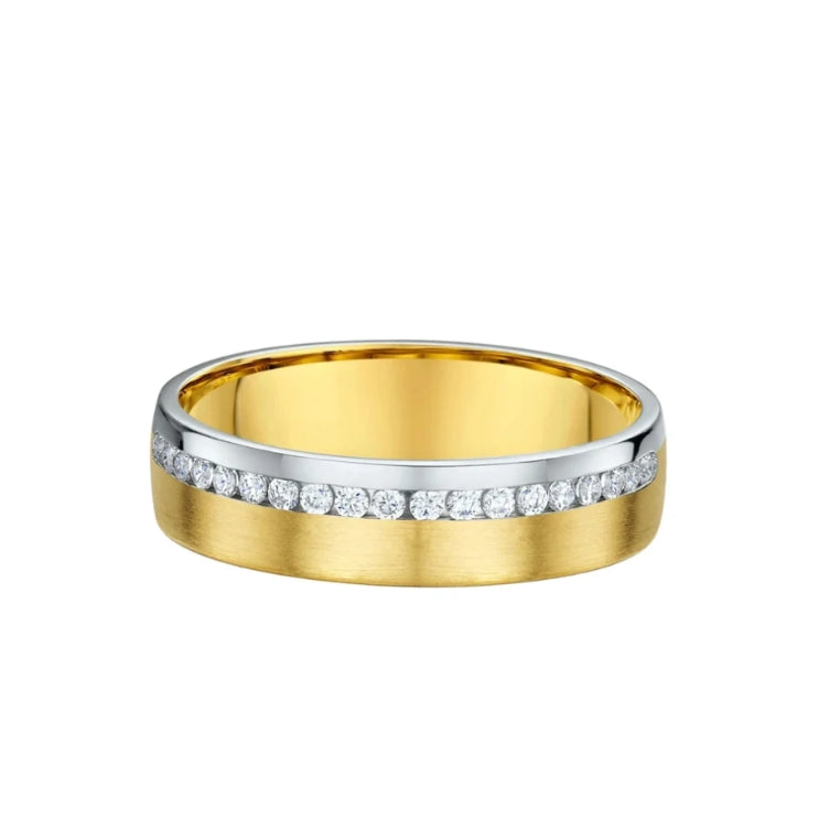 Ladies Two Tone Satin & Matt Finish Channel Set Natural Diamond Wedding Band In 18ct Yellow Gold