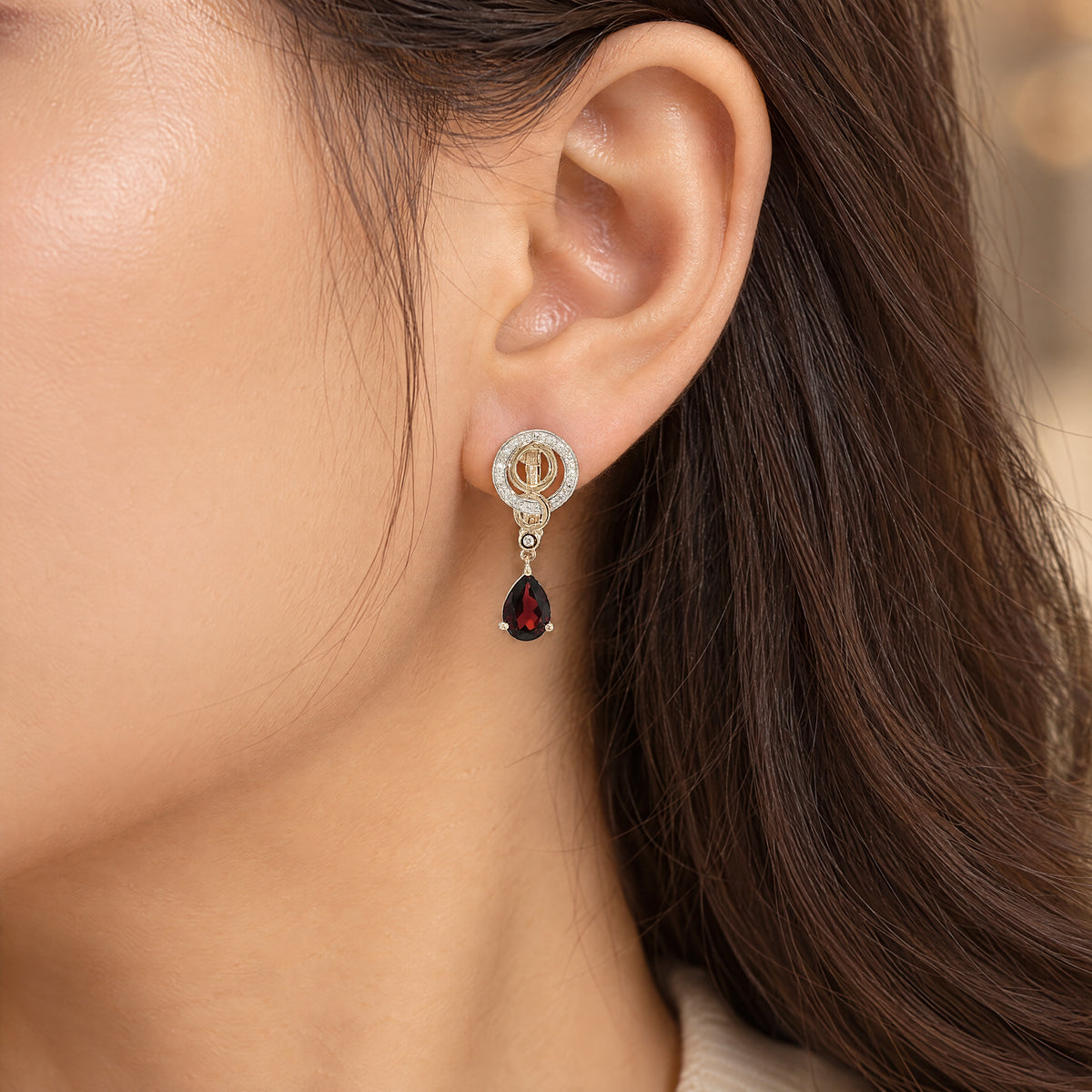 Garnet and Natural Diamond Fancy Drop Earrings in 9ct Yellow Gold