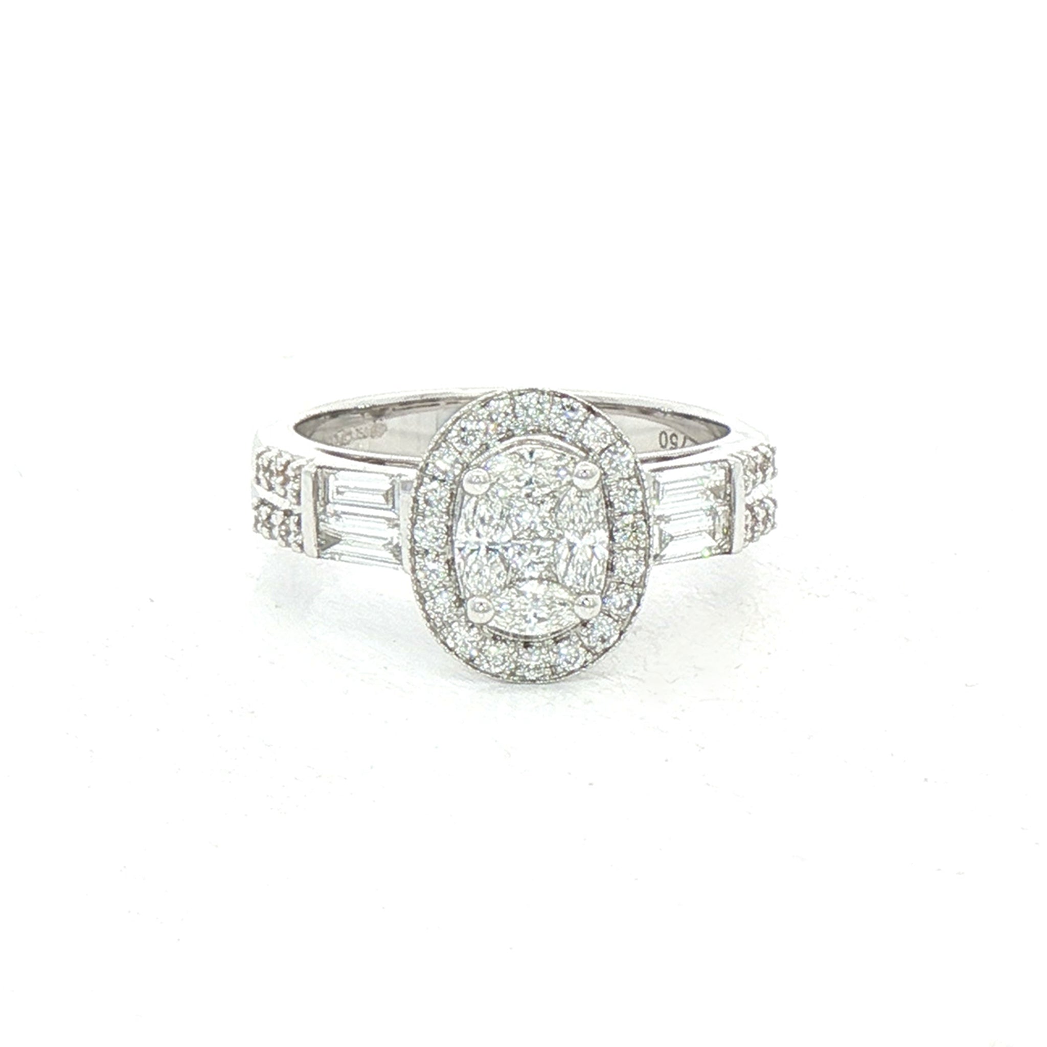 0.77ct F vs Natural Diamond Oval Shape Cluster With Baguette & Round Shoulders In 18ct White Gold