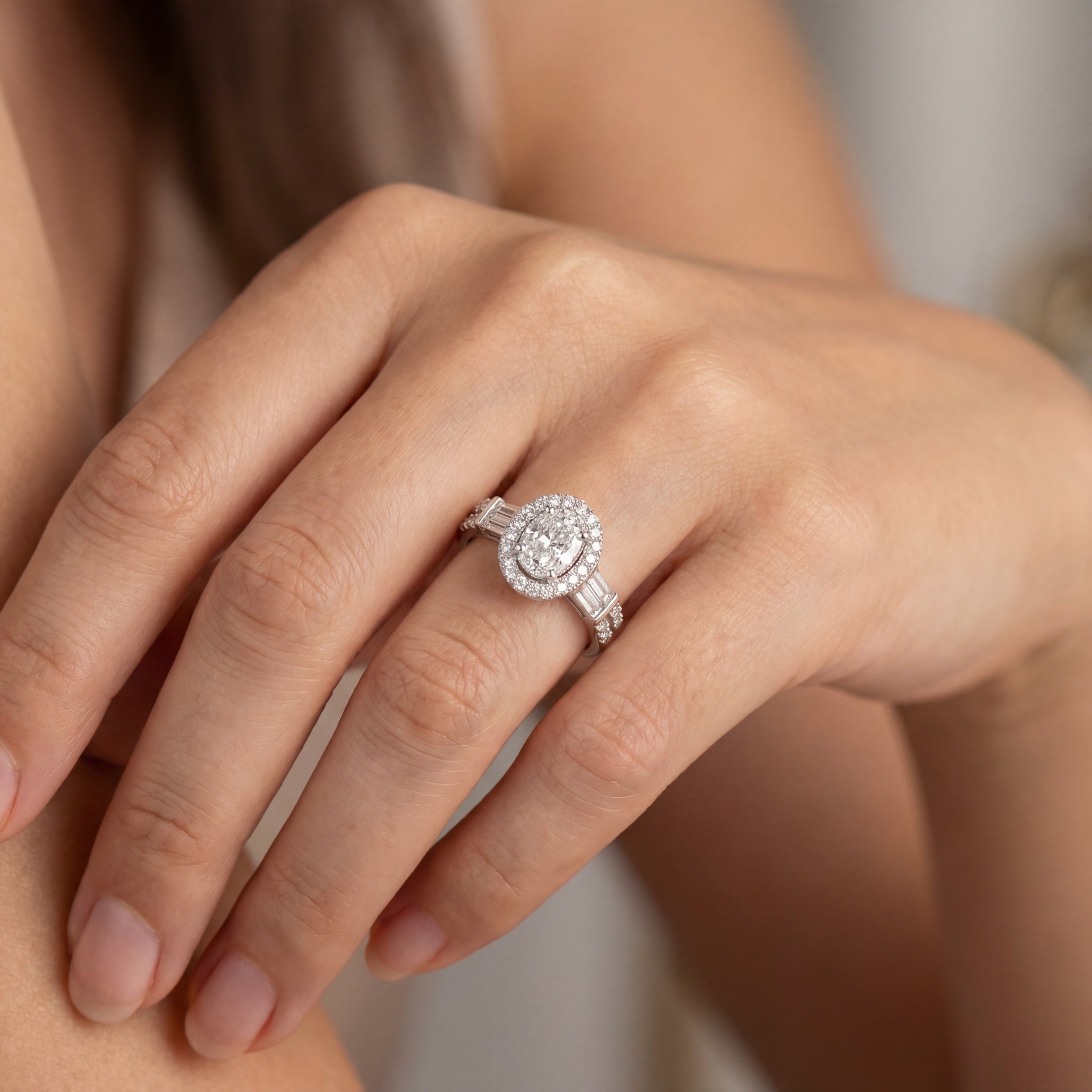 0.77ct F vs Natural Diamond Oval Shape Cluster With Baguette & Round Shoulders In 18ct White Gold