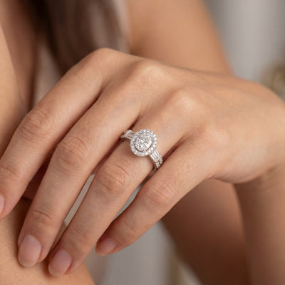 0.77ct F vs Natural Diamond Oval Shape Cluster With Baguette & Round Shoulders In 18ct White Gold