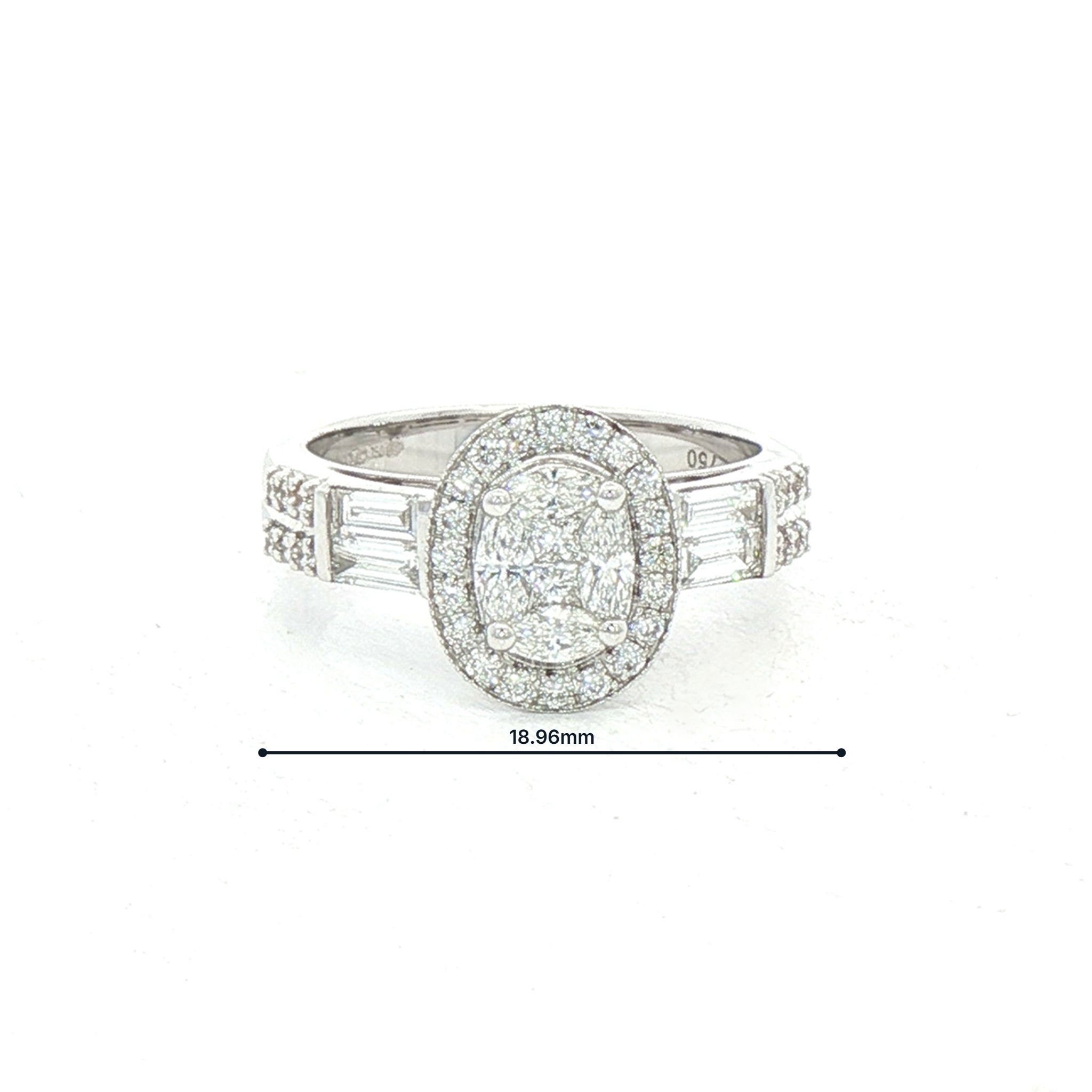 0.77ct F vs Natural Diamond Oval Shape Cluster With Baguette & Round Shoulders In 18ct White Gold