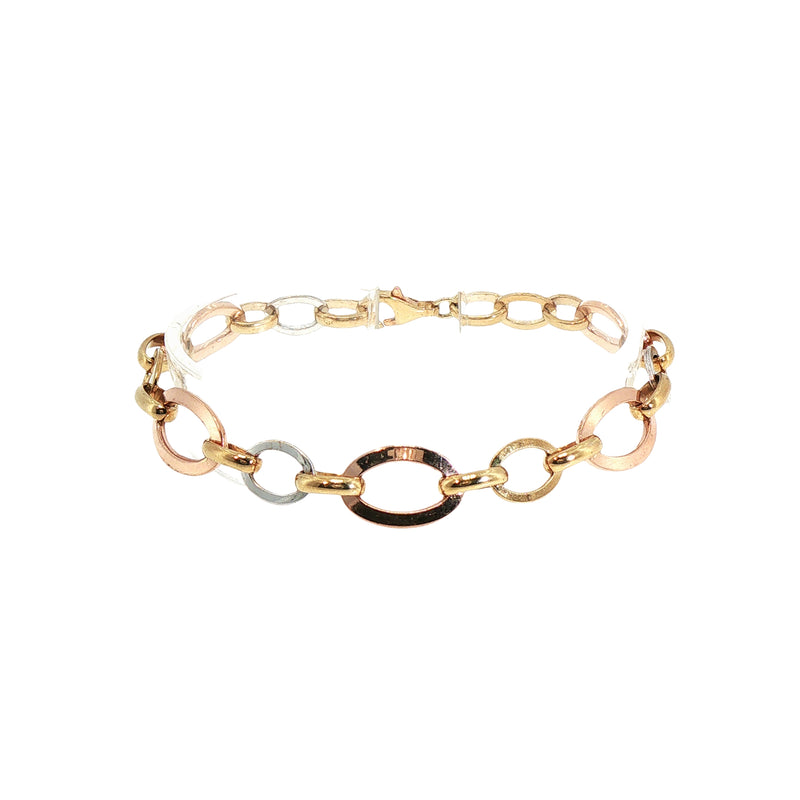 Oval Round Link Multi-Coloured Bracelet in 9ct Yellow, Rose, and White Gold