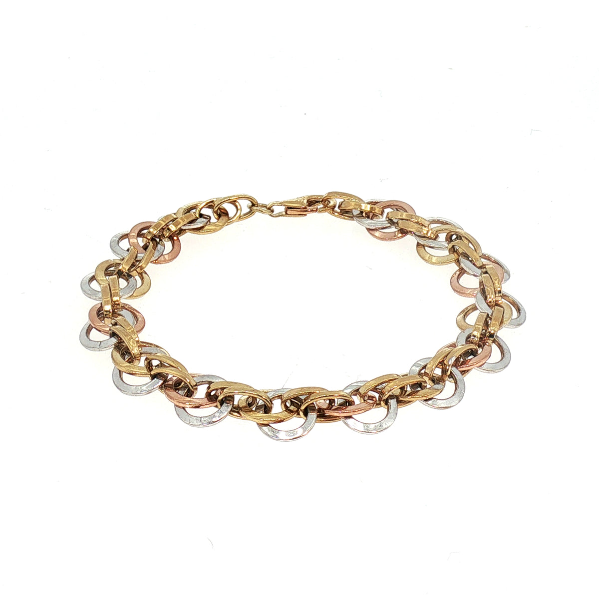 Tri-Colour Interlocking Circle Chain Bracelet in 9ct Yellow Gold