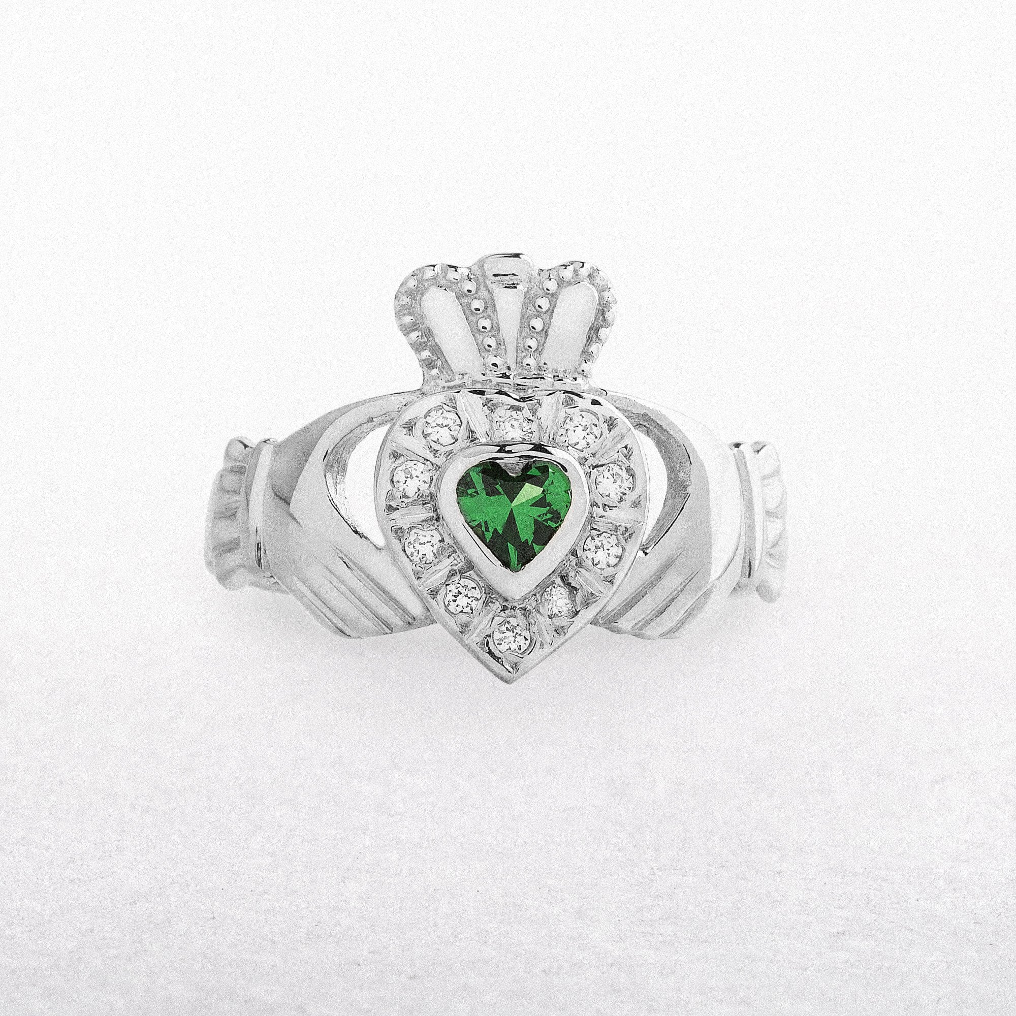 10ct White Gold Cubic Zarconia Synthetic Emerald Claddagh Ring